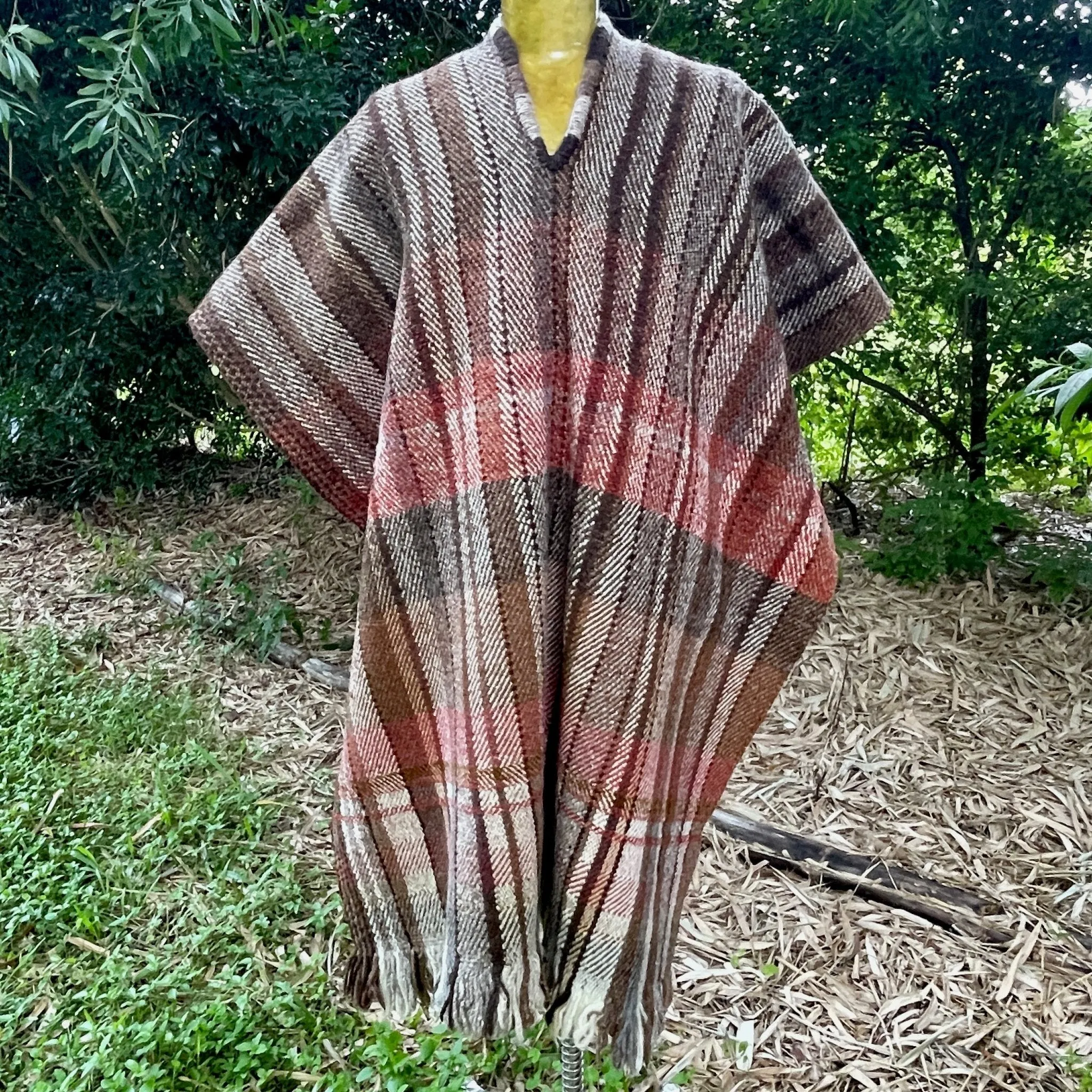 1970's Wool Vintage Poncho Handmade Woven Brown Stripe V Neck One Size - OOAK