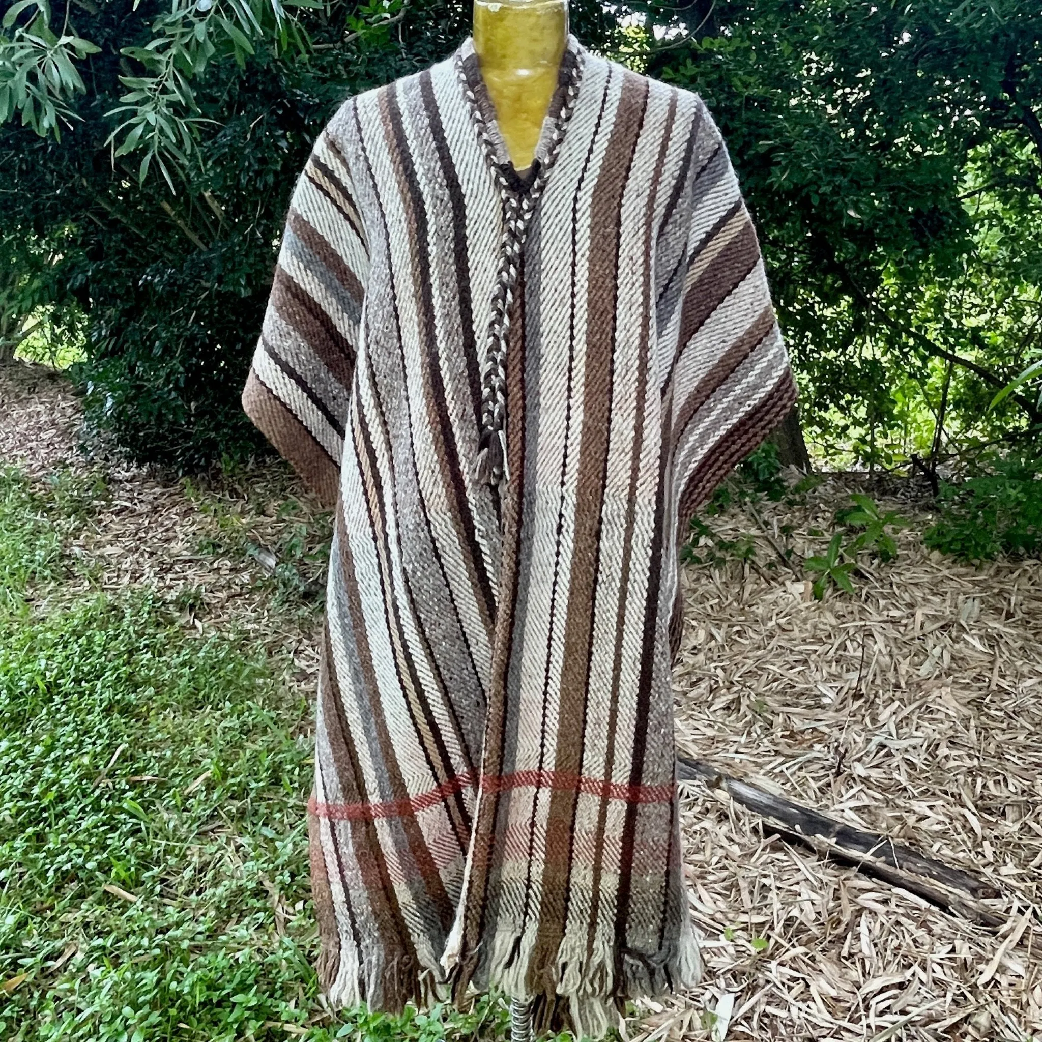 1970's Wool Vintage Poncho Handmade Woven Brown Stripe V Neck One Size - OOAK