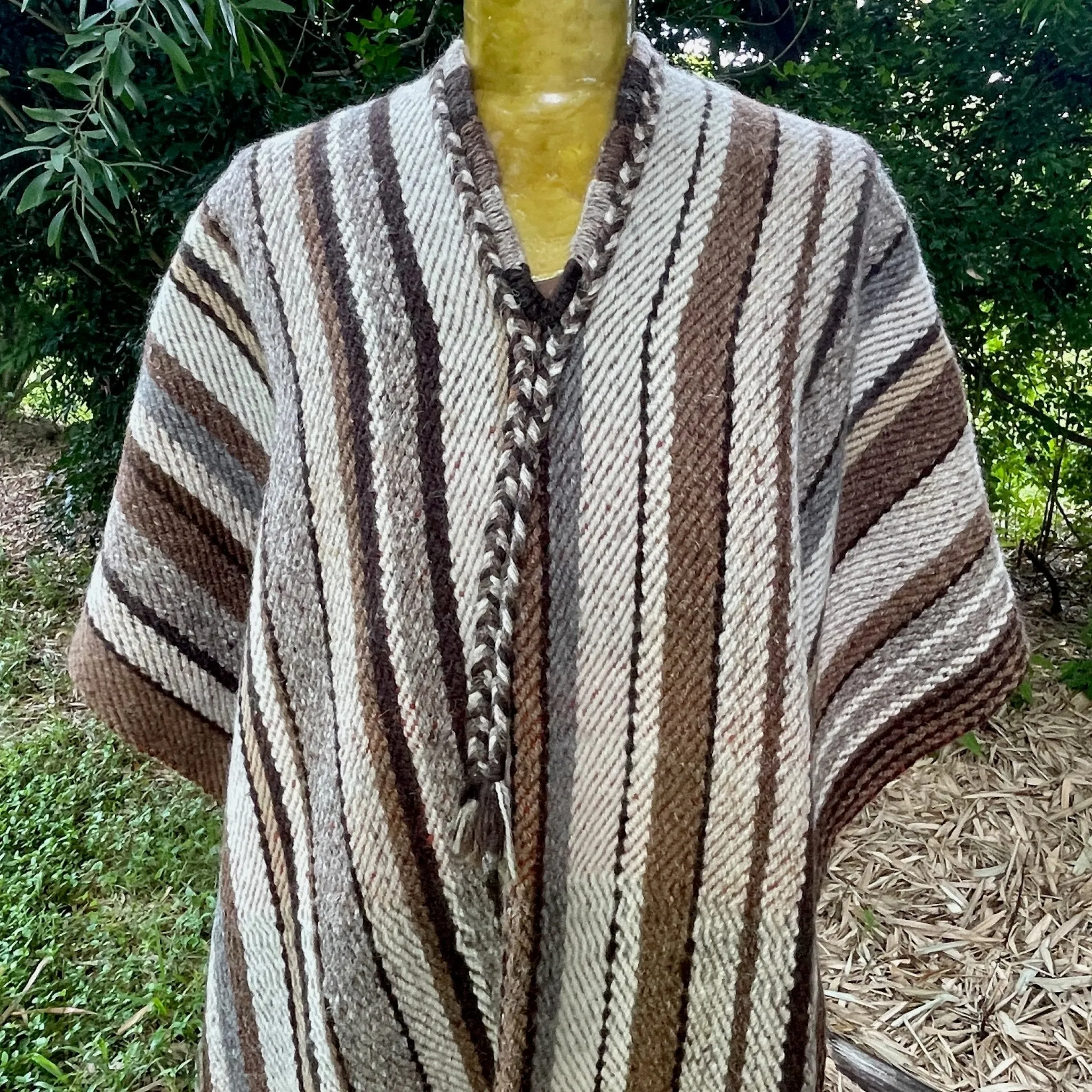 1970's Wool Vintage Poncho Handmade Woven Brown Stripe V Neck One Size - OOAK