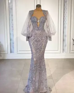 2023 Luxury Mermaid Lace Evening Dresses Beaded Long Sleeve Prom Dress Appliqued Formal Party Gowns Pageant Wear Custom Made      fg3343