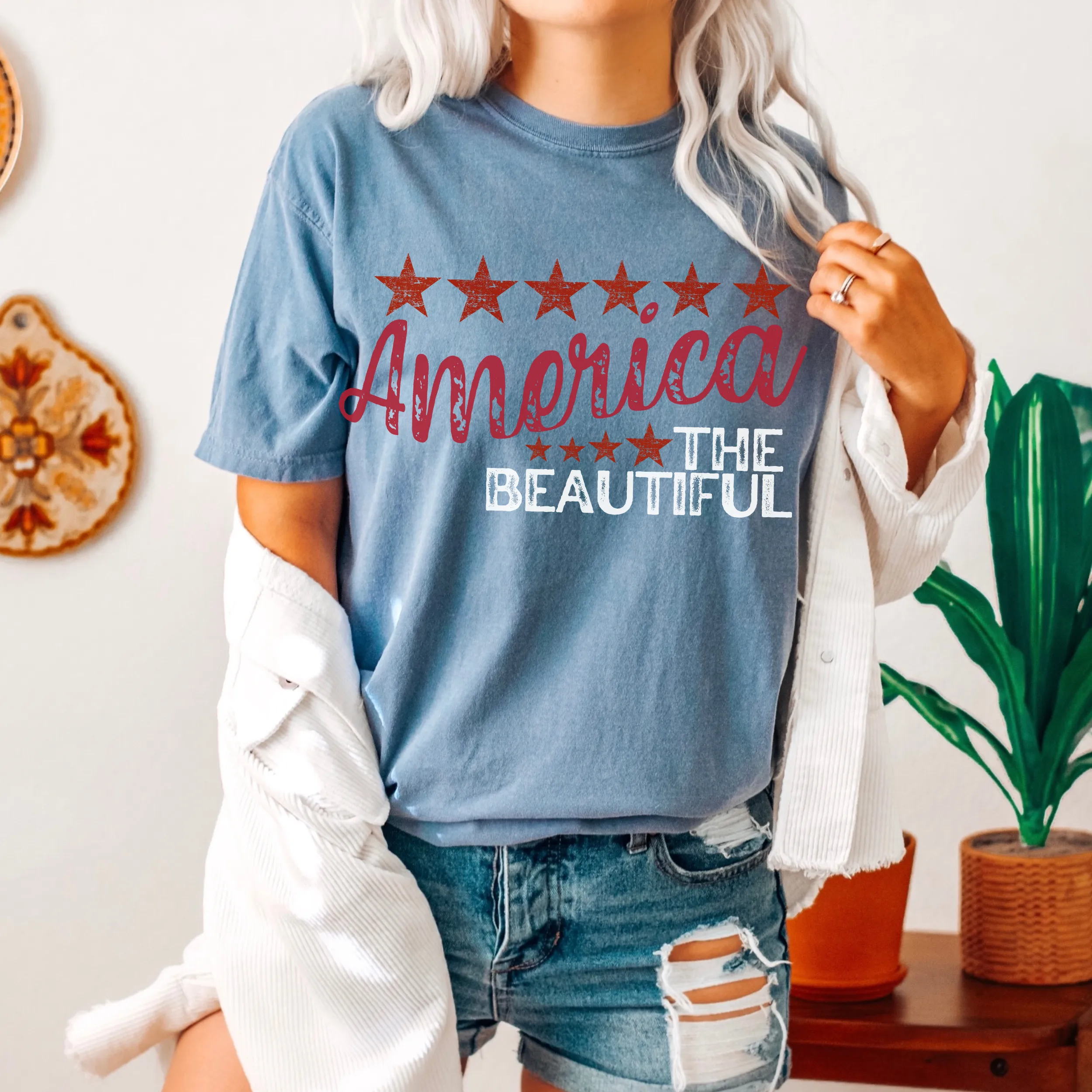 America the Beautiful July 4th Comfort Colors® T-Shirt, T-Shirt Dress, Distressed Fourth of July Design, Oversized Print Summer T-Shirt