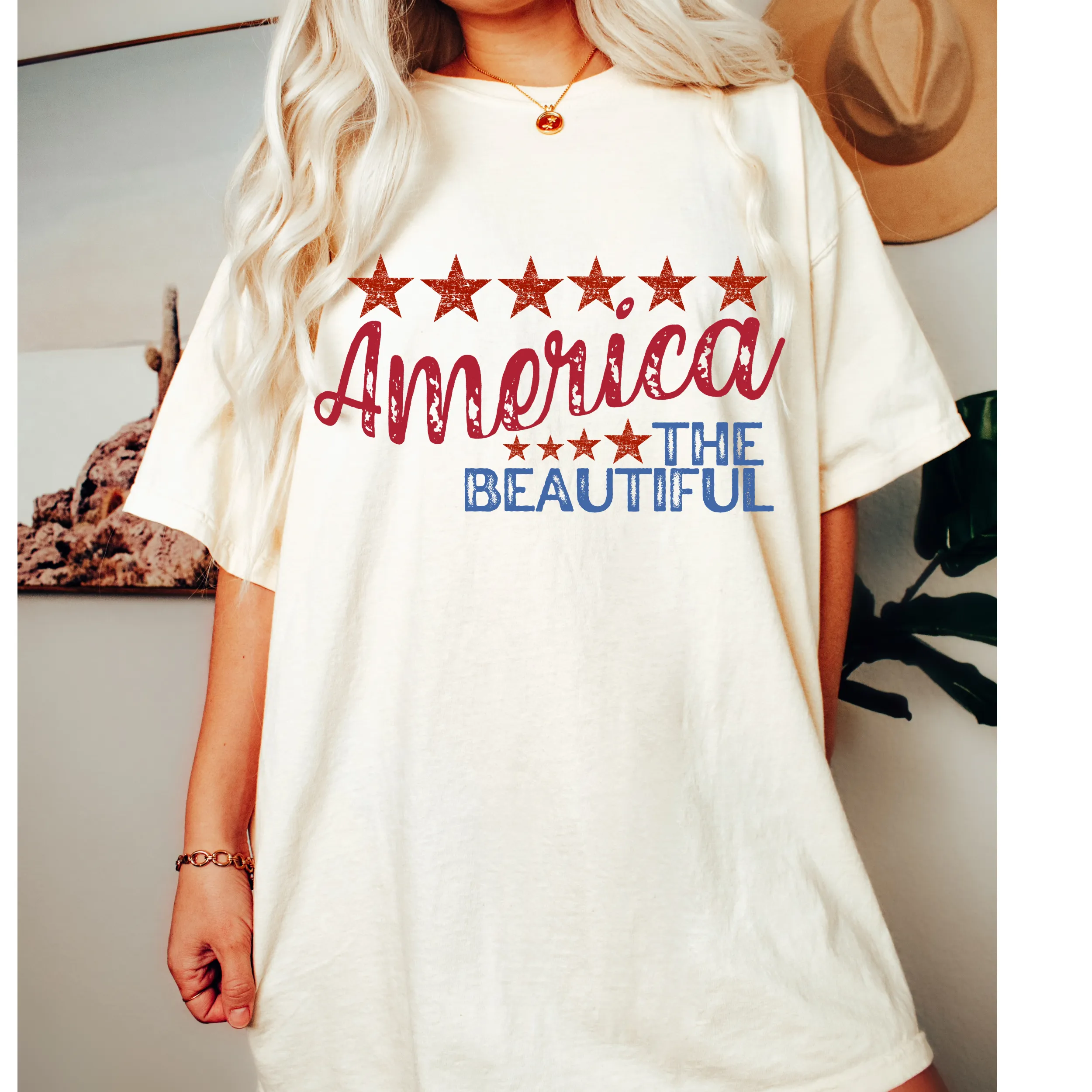 America the Beautiful July 4th Comfort Colors® T-Shirt, T-Shirt Dress, Distressed Fourth of July Design, Oversized Print Summer T-Shirt