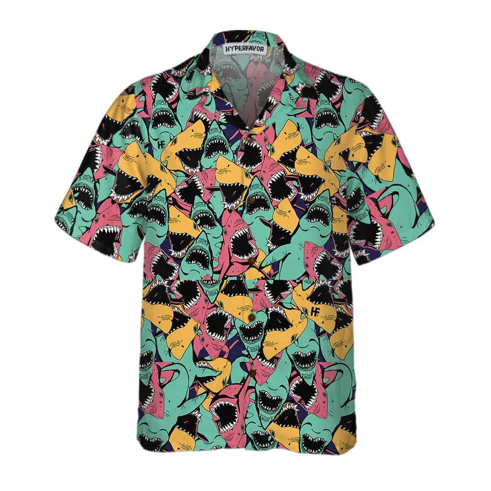 Angry Shark Seamless Pattern Hawaiian Shirt, Shark Shirt Button Up For Adults, Shark Print Shirt