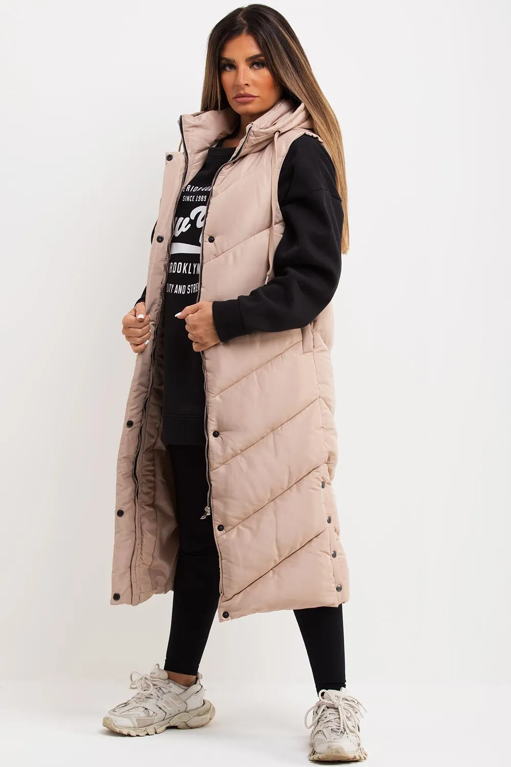 Beige Long Gilet With Chevron Padded Style