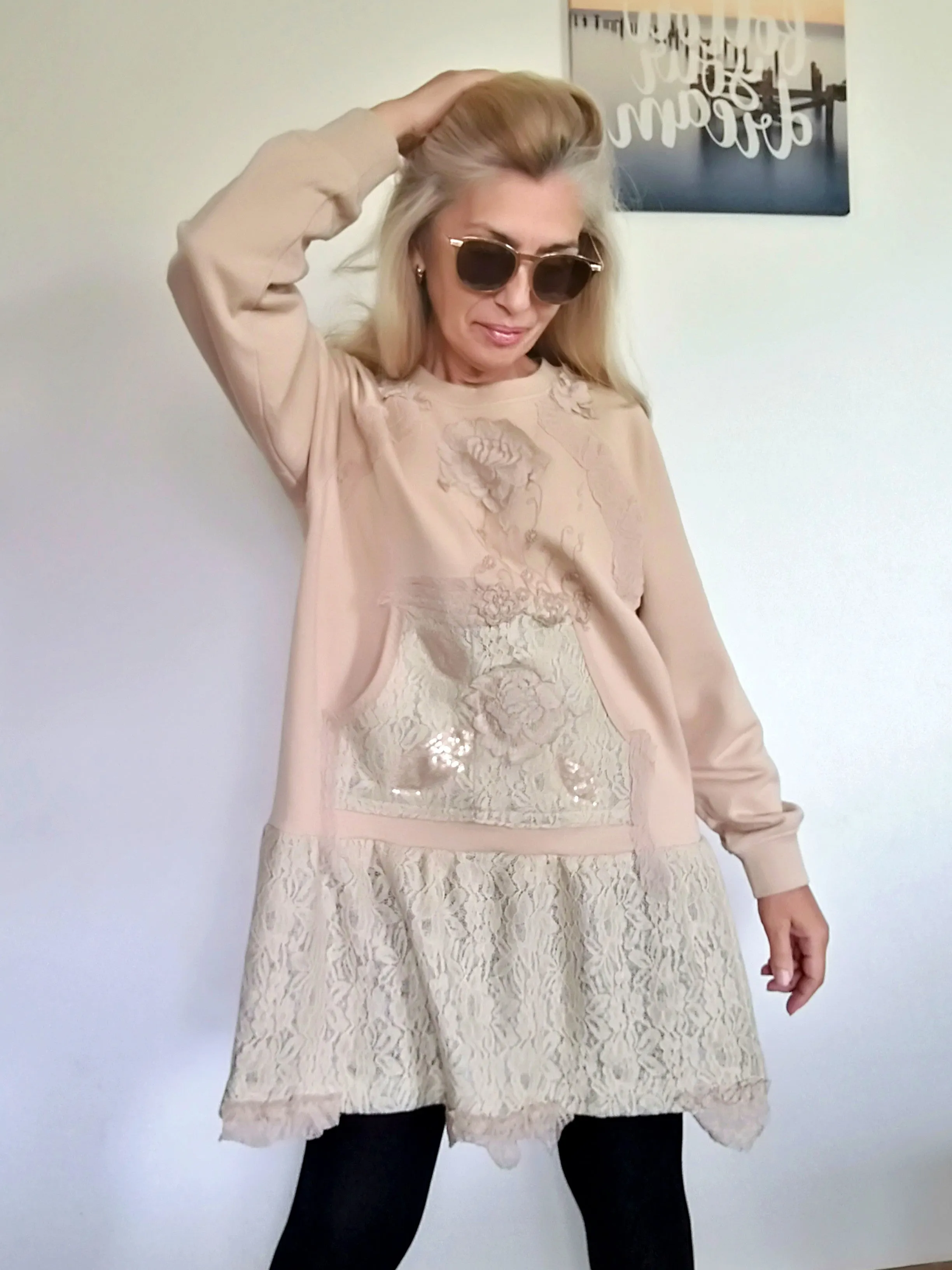 Beige Sweatshirt Dress XL Boho Style Embroidered Dress