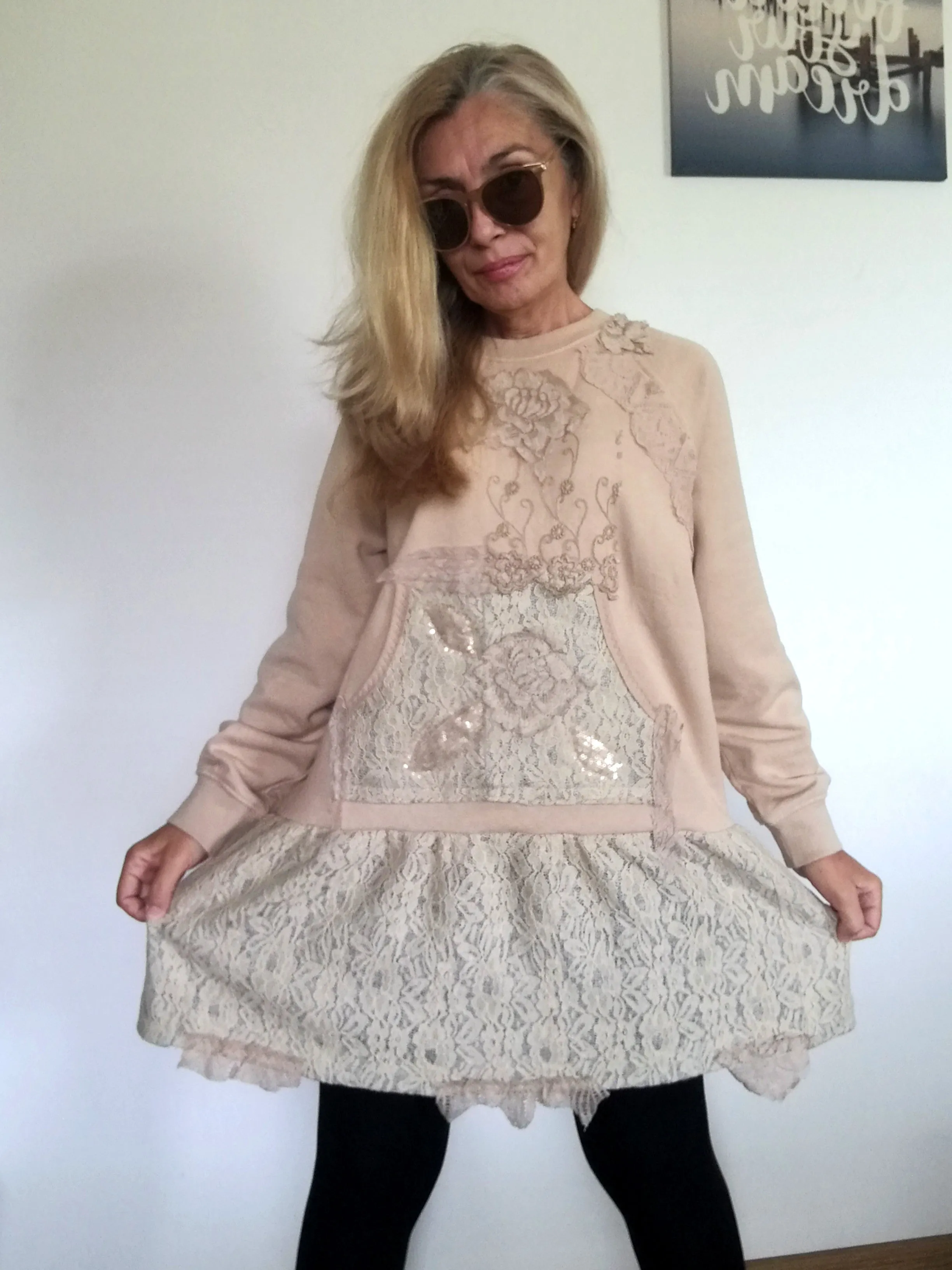 Beige Sweatshirt Dress XL Boho Style Embroidered Dress