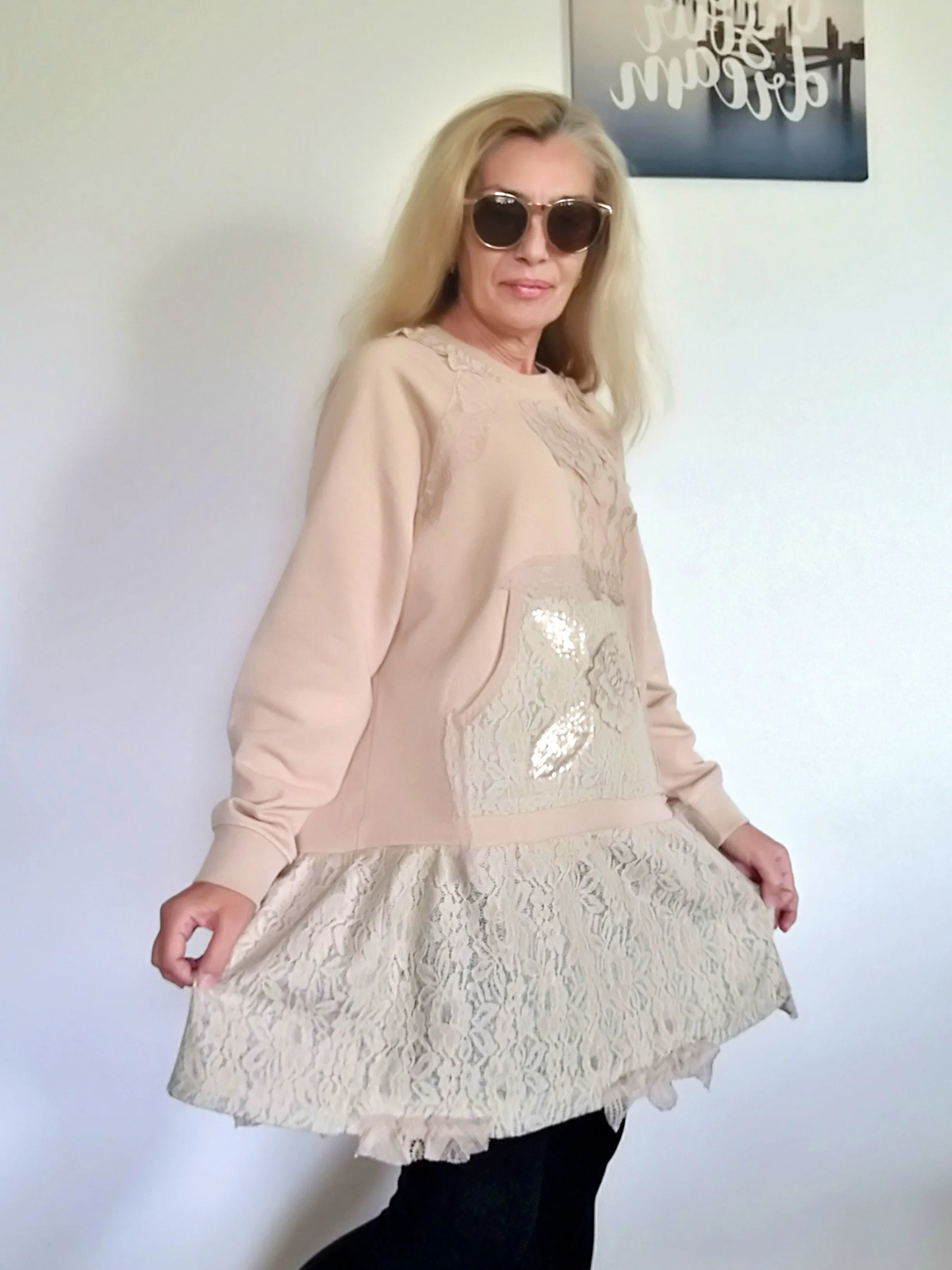 Beige Sweatshirt Dress XL Boho Style Embroidered Dress