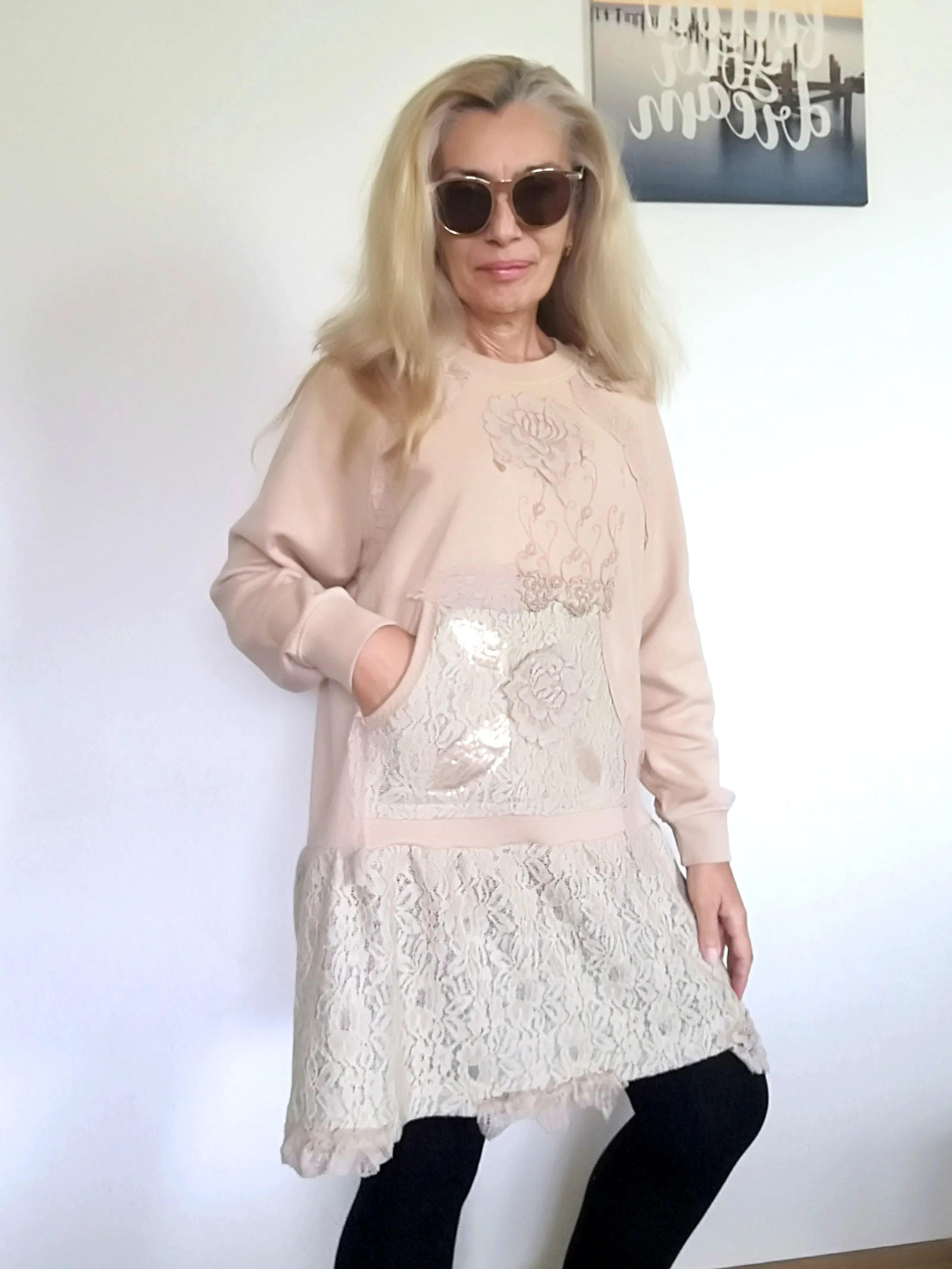 Beige Sweatshirt Dress XL Boho Style Embroidered Dress