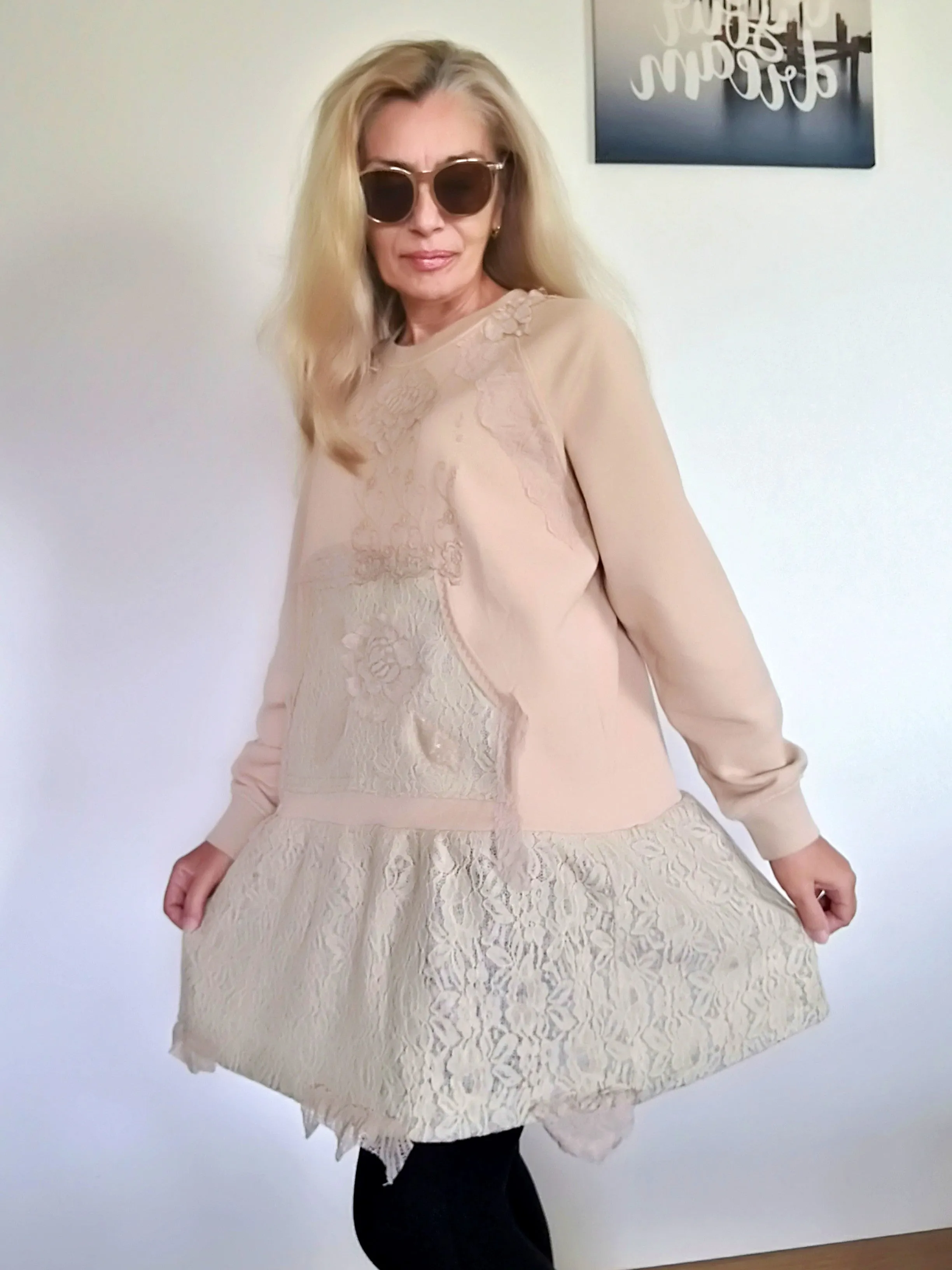 Beige Sweatshirt Dress XL Boho Style Embroidered Dress