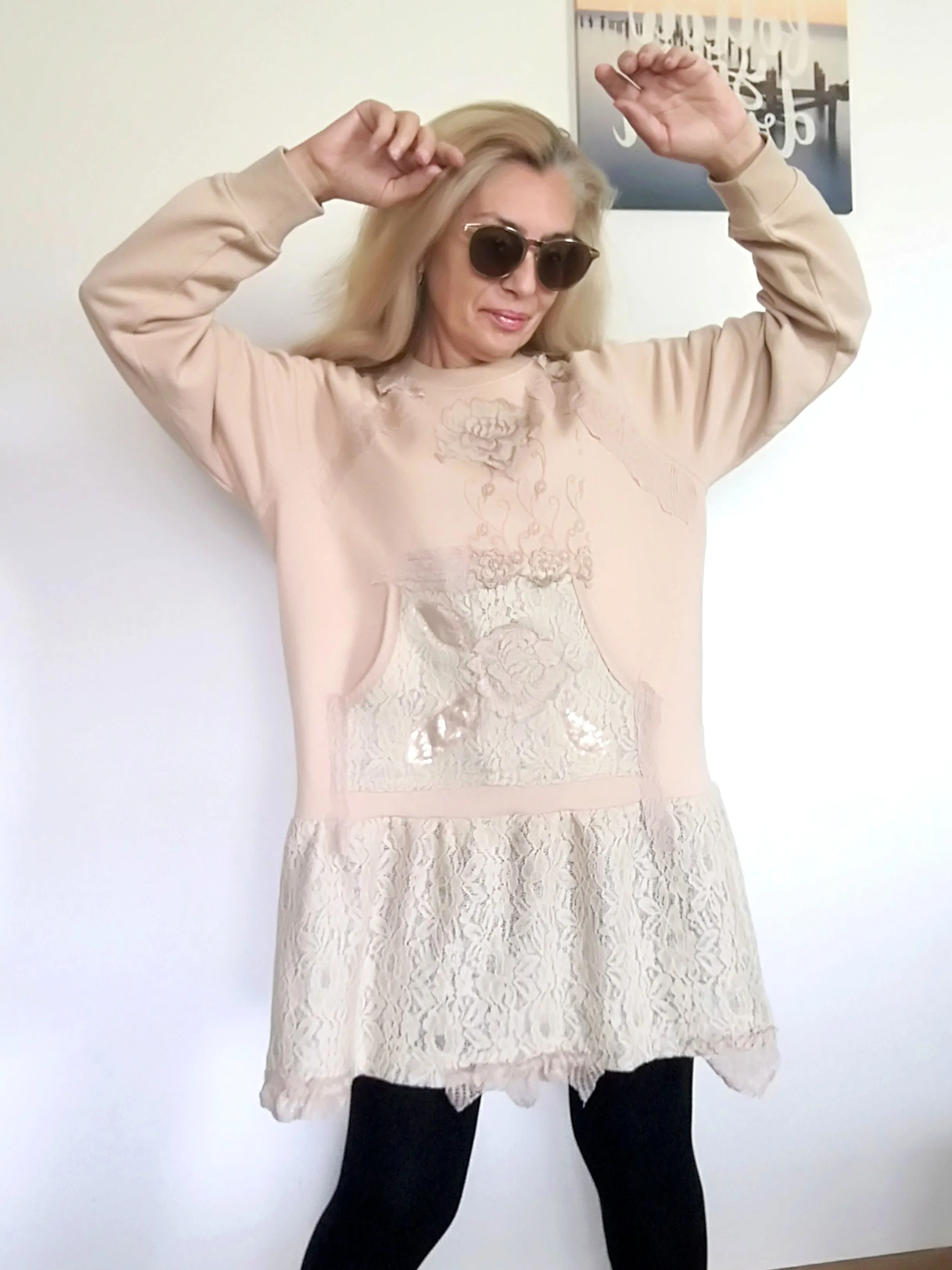 Beige Sweatshirt Dress XL Boho Style Embroidered Dress