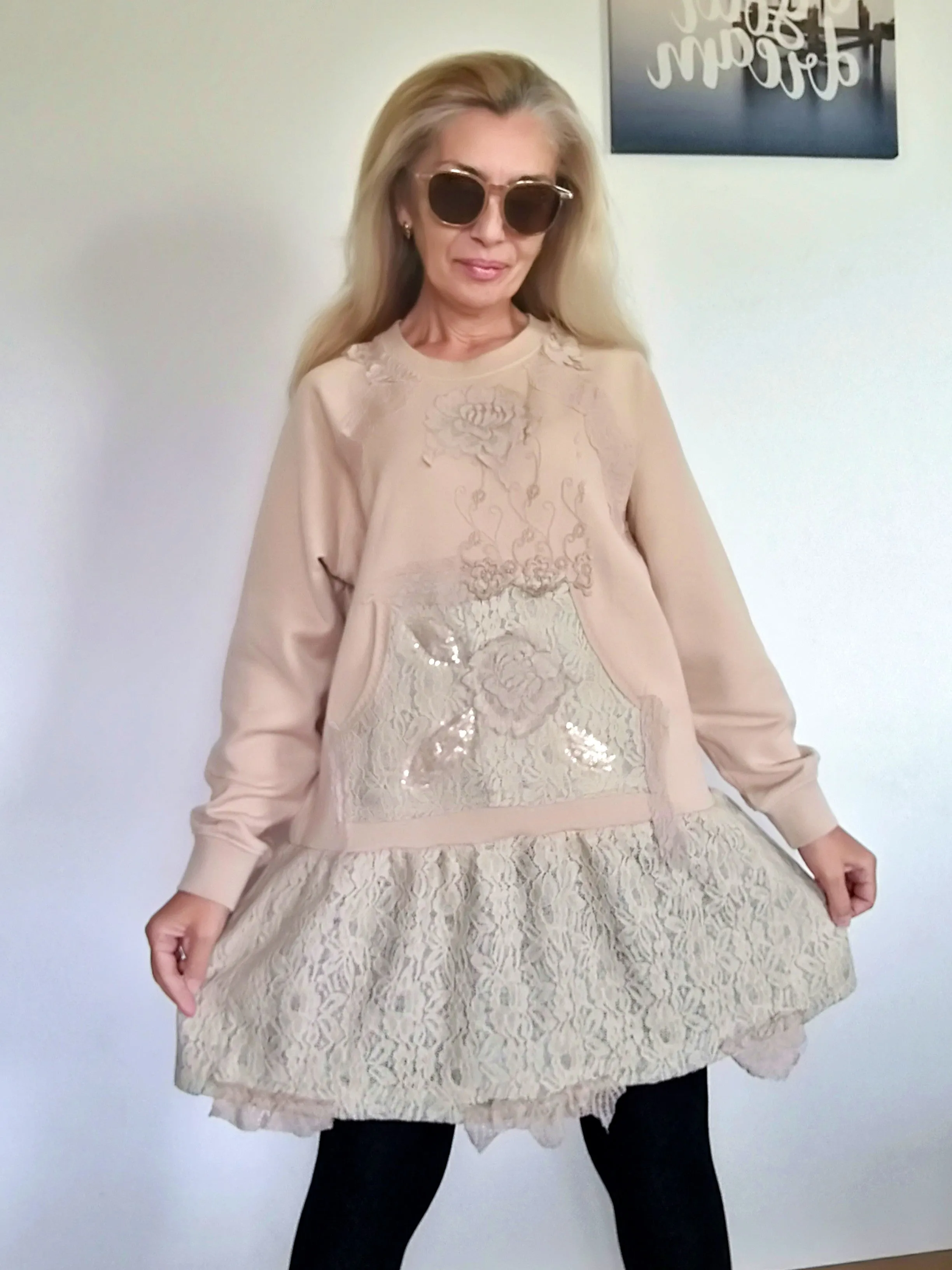 Beige Sweatshirt Dress XL Boho Style Embroidered Dress