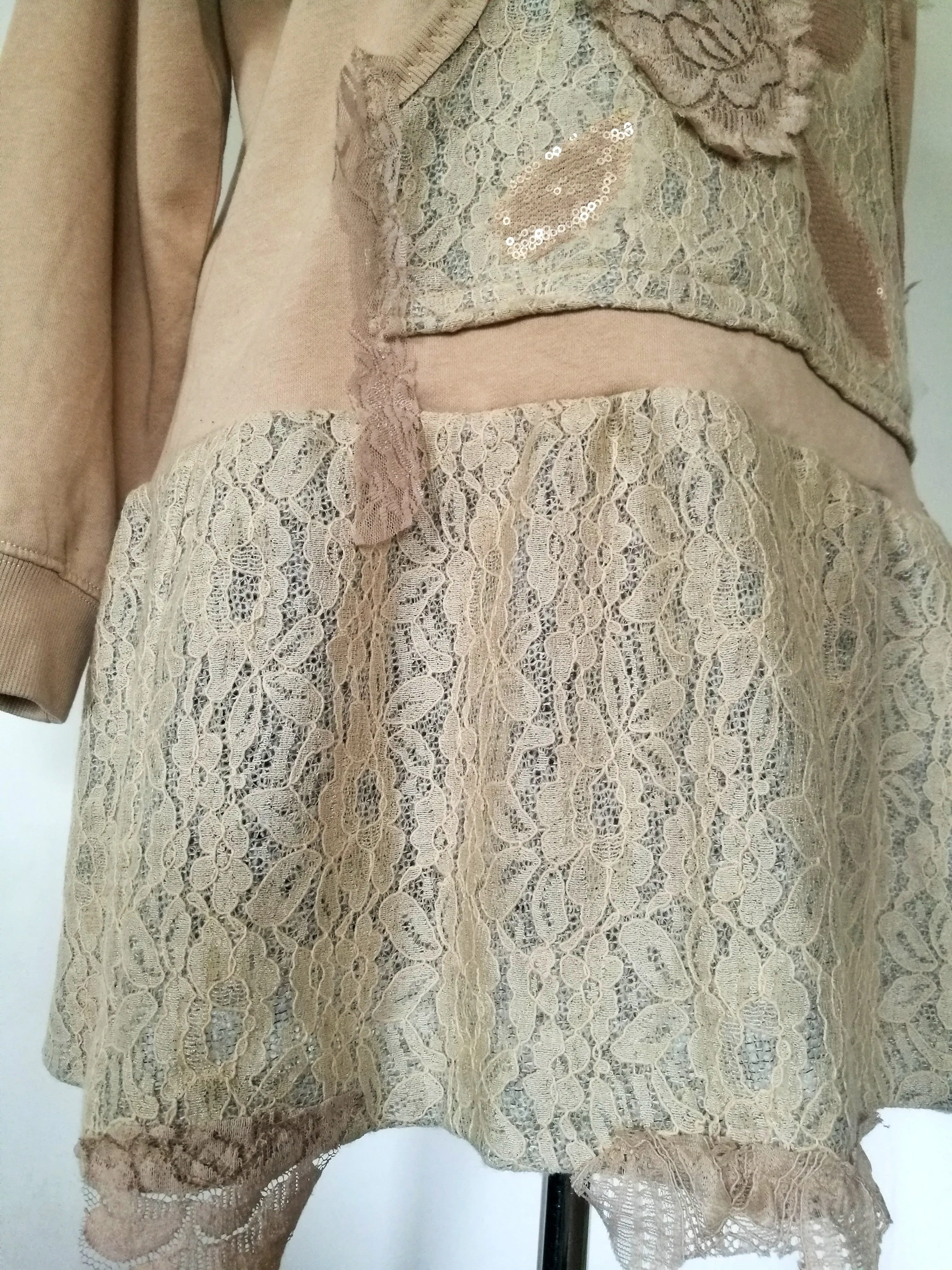 Beige Sweatshirt Dress XL Boho Style Embroidered Dress