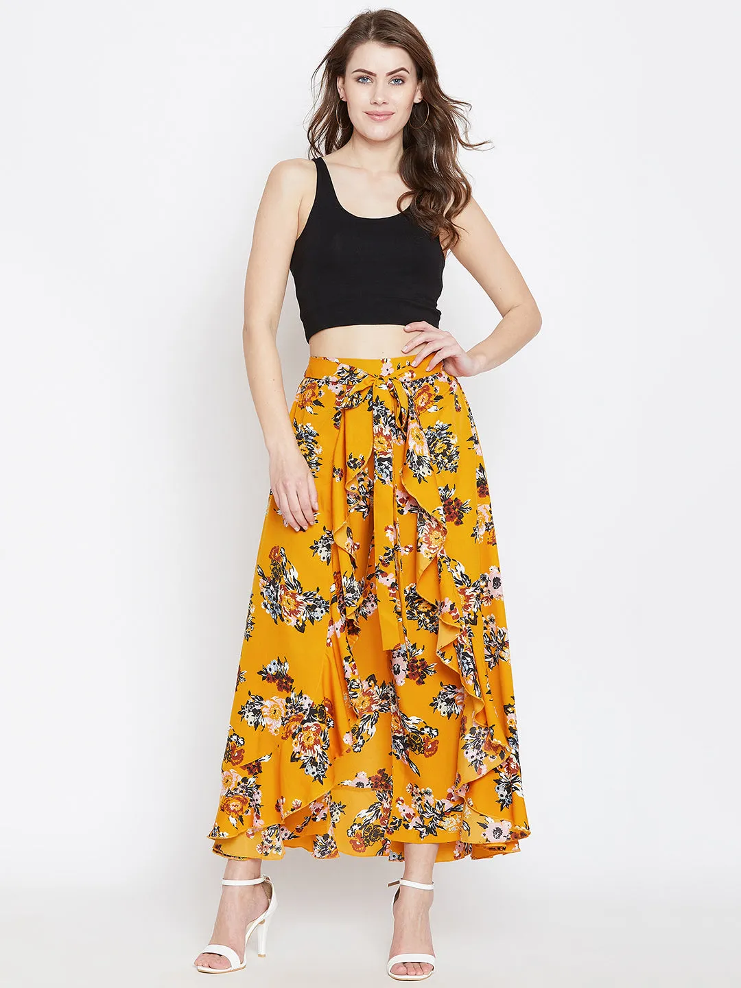 Berrylush Women Mustard Yellow Floral Printed Ruffled Asymmetrical Hem Maxi Skirt