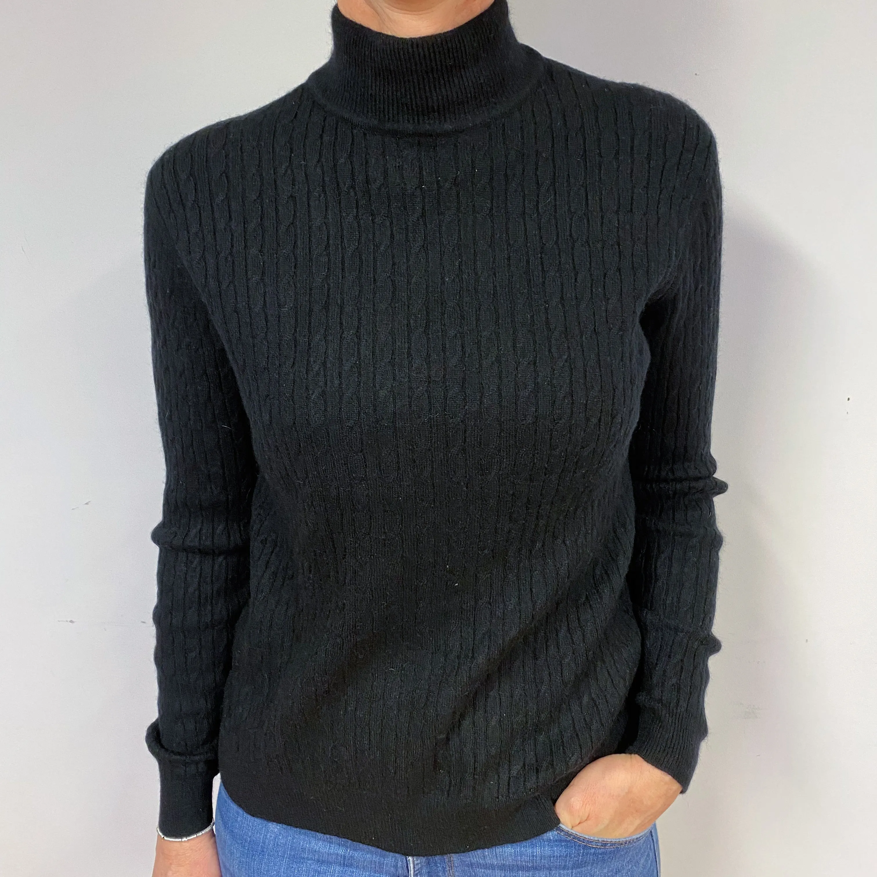 Black Cable Cashmere Polo Neck Jumper Medium