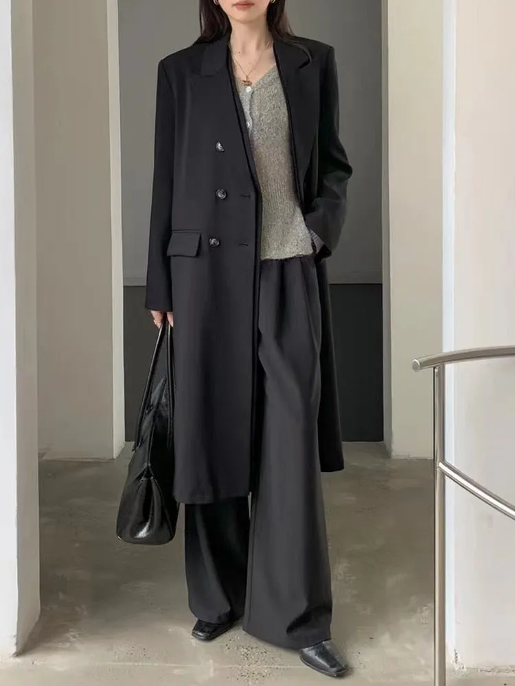 Black Elegant Trench Coat For Women Lapel Long Sleeve Double Breasted Solid Minimalist Coats Female Korean Fashion