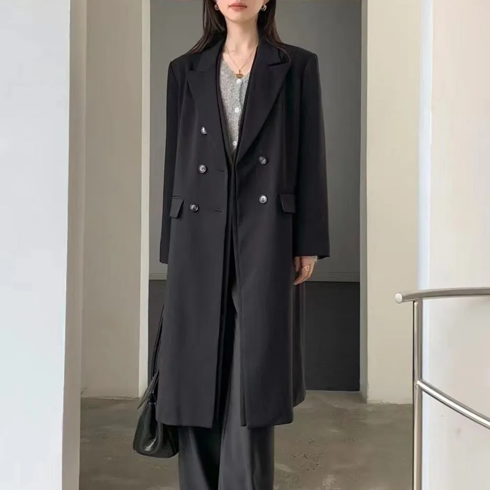 Black Elegant Trench Coat For Women Lapel Long Sleeve Double Breasted Solid Minimalist Coats Female Korean Fashion