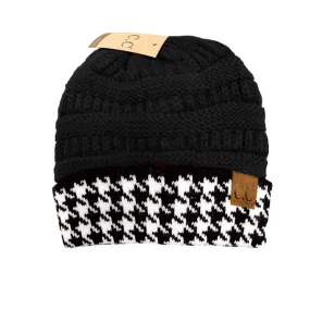 Black Houndstooth C.C Cable Knit Beanie Hat