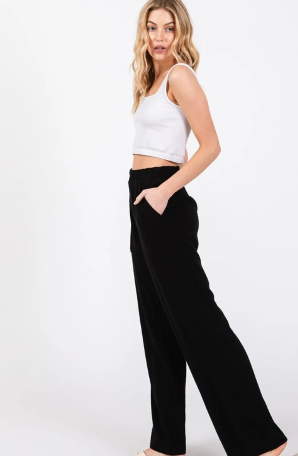 Black Linen Pants w/Side Patch Pockets & Elastic Waistband