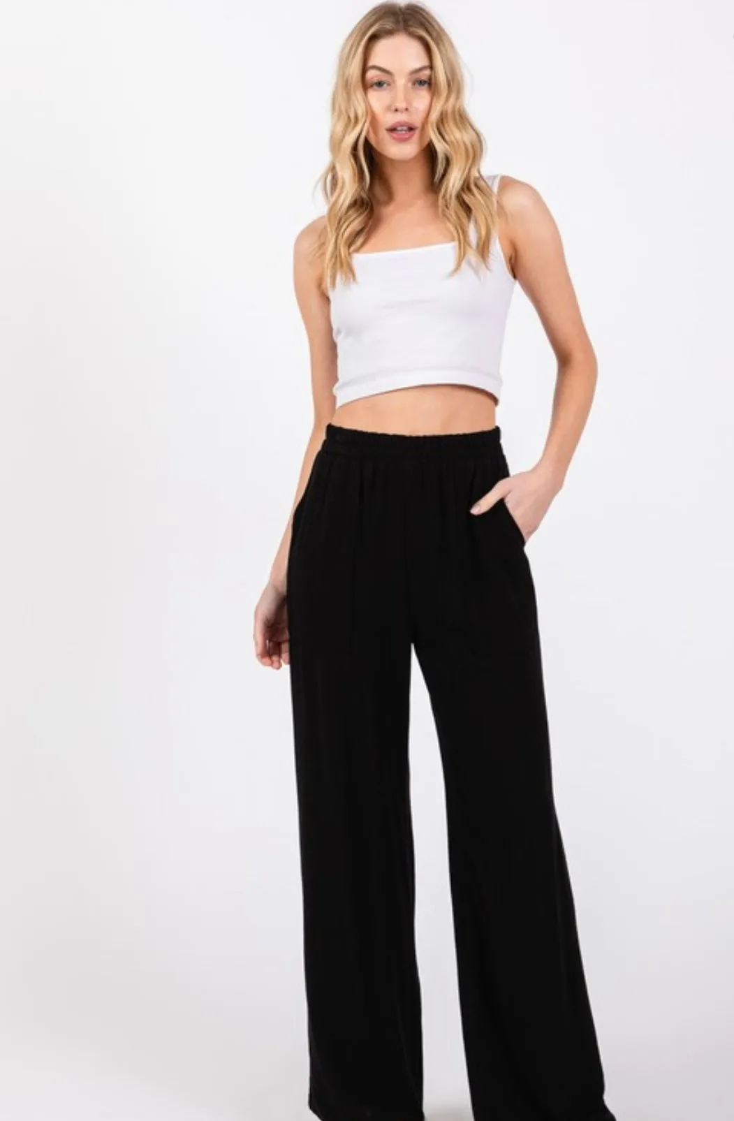 Black Linen Pants w/Side Patch Pockets & Elastic Waistband