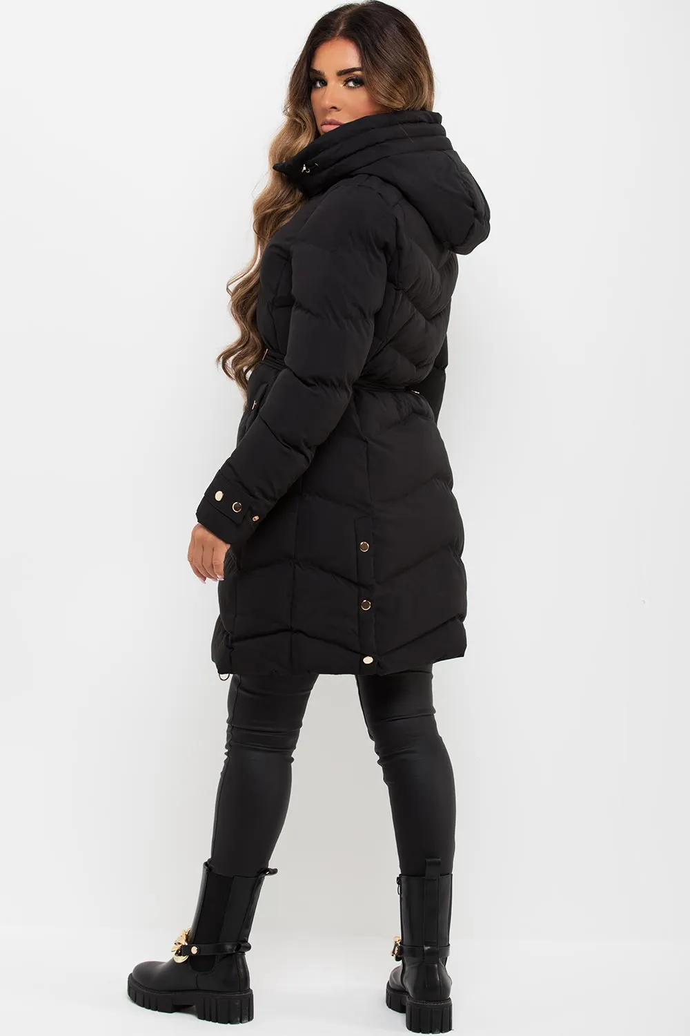 Black Long Puffer Coat With Belt And Gold Button Detail