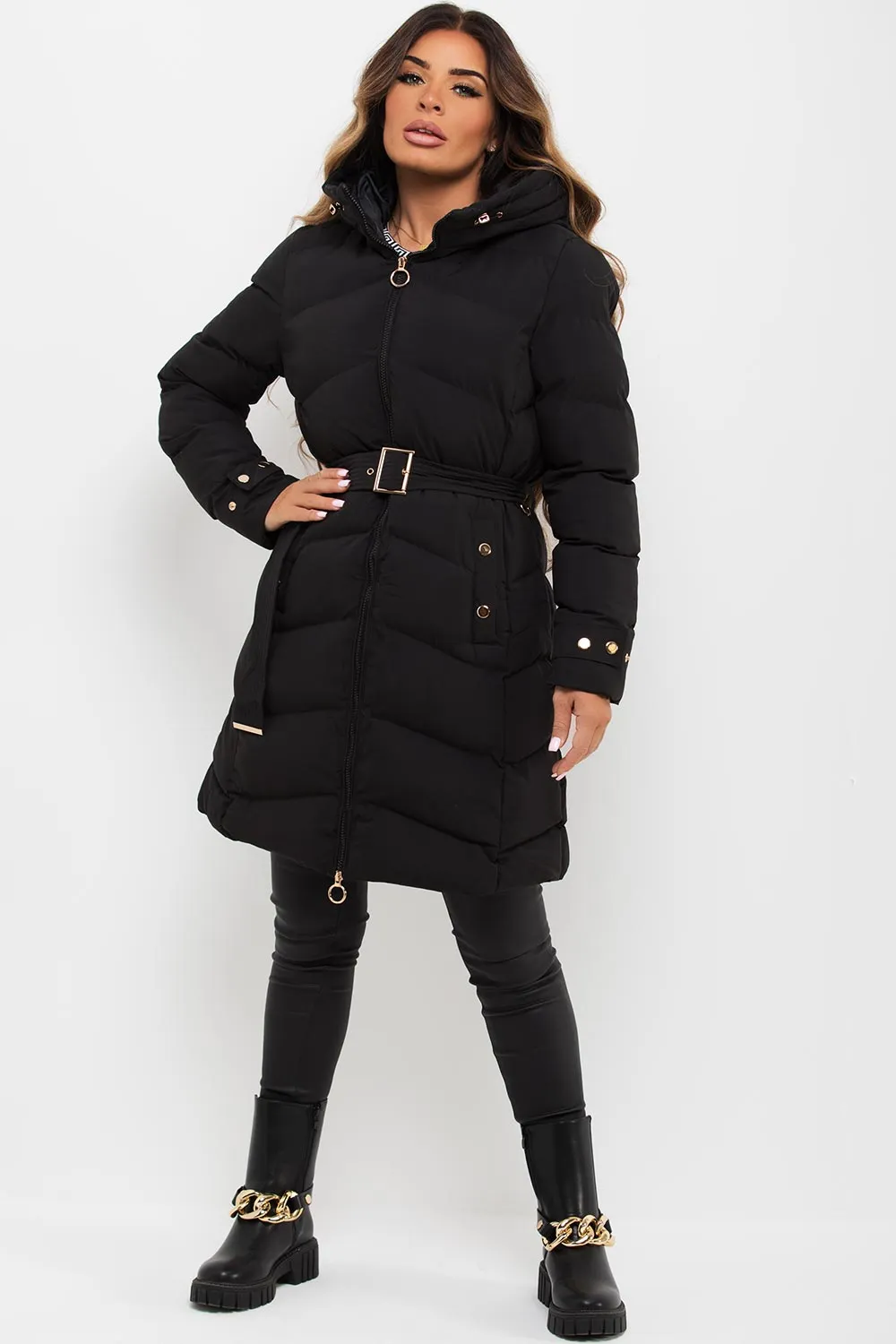 Black Long Puffer Coat With Belt And Gold Button Detail