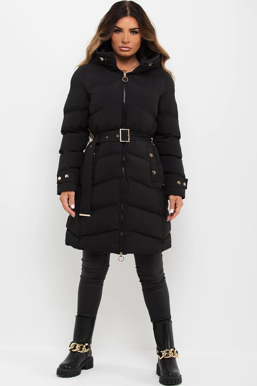 Black Long Puffer Coat With Belt And Gold Button Detail