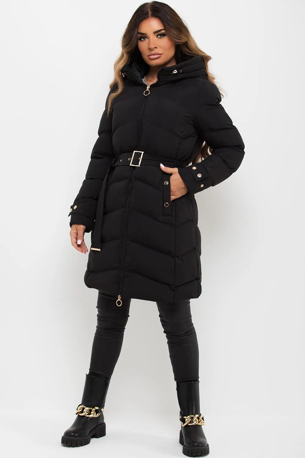 Black Long Puffer Coat With Belt And Gold Button Detail