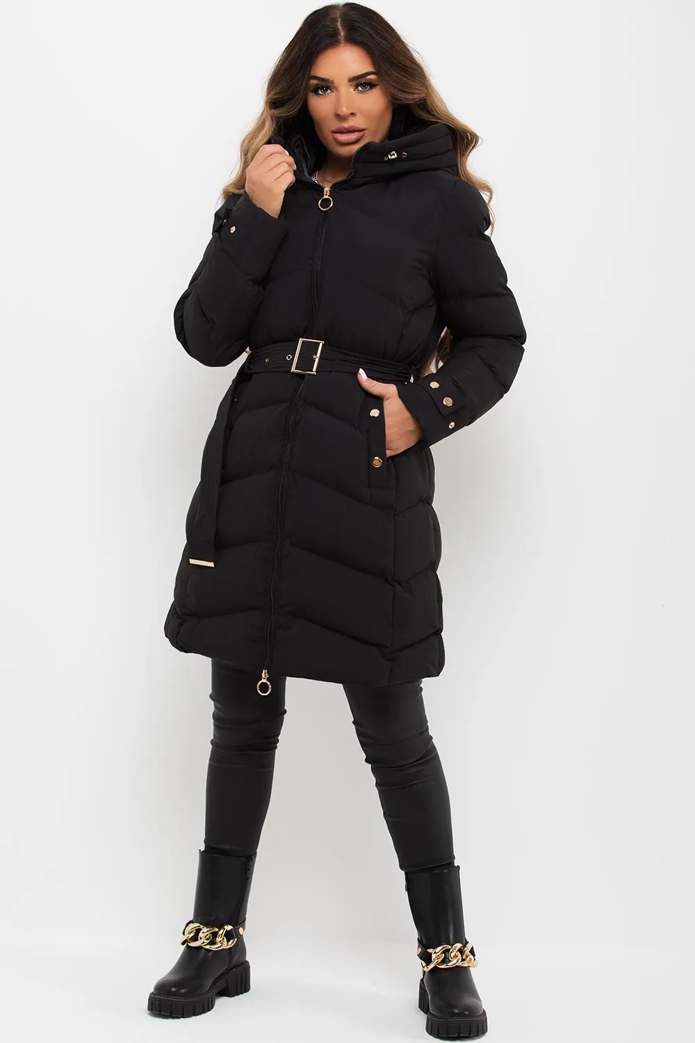 Black Long Puffer Coat With Belt And Gold Button Detail