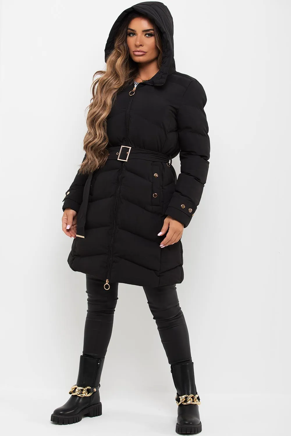 Black Long Puffer Coat With Belt And Gold Button Detail