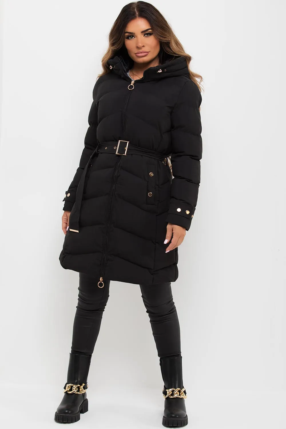 Black Long Puffer Coat With Belt And Gold Button Detail