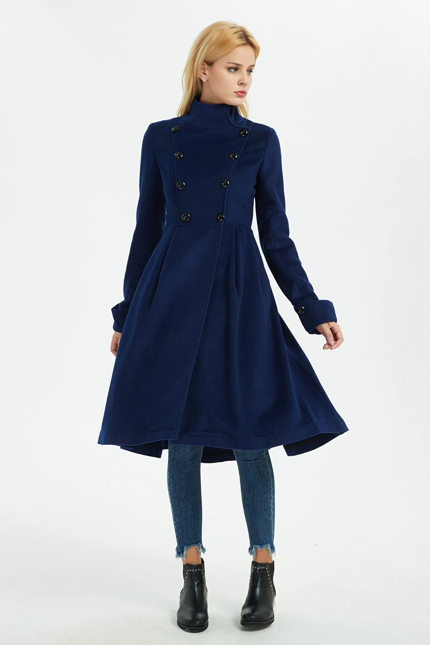 blue warm asymmetrical wool coat with pockets C1371