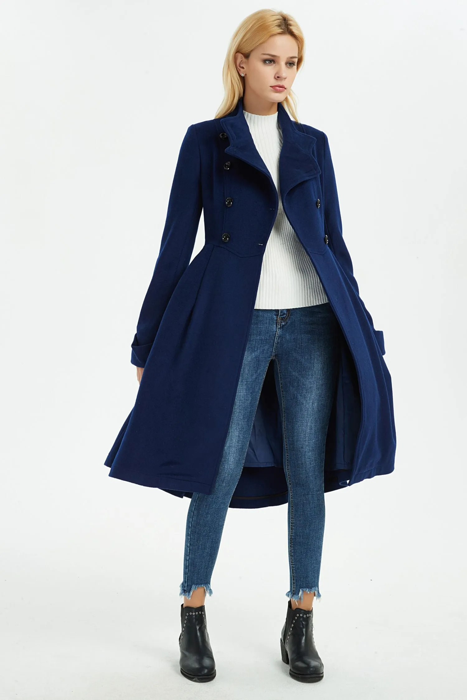 blue warm asymmetrical wool coat with pockets C1371