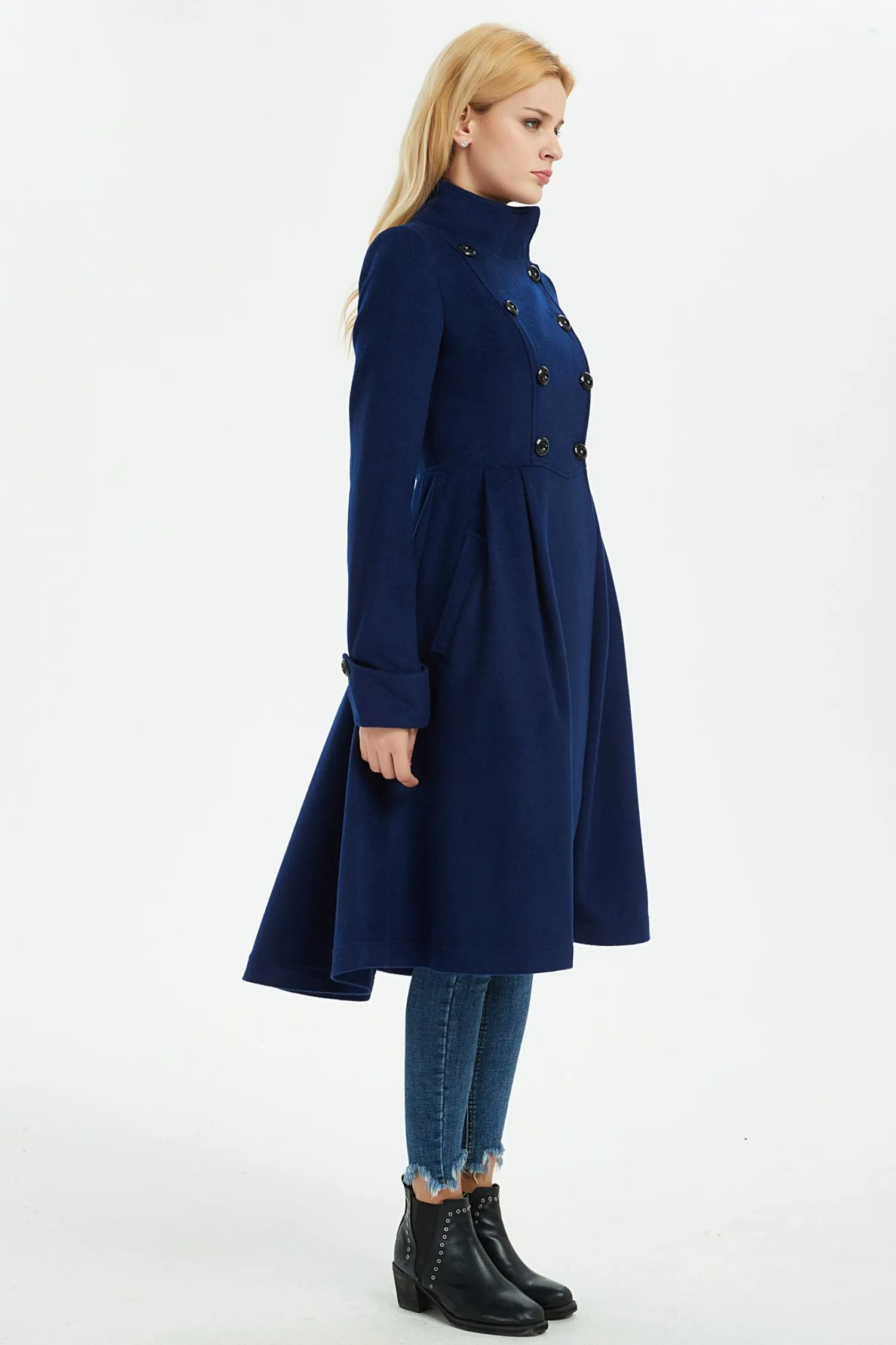 blue warm asymmetrical wool coat with pockets C1371