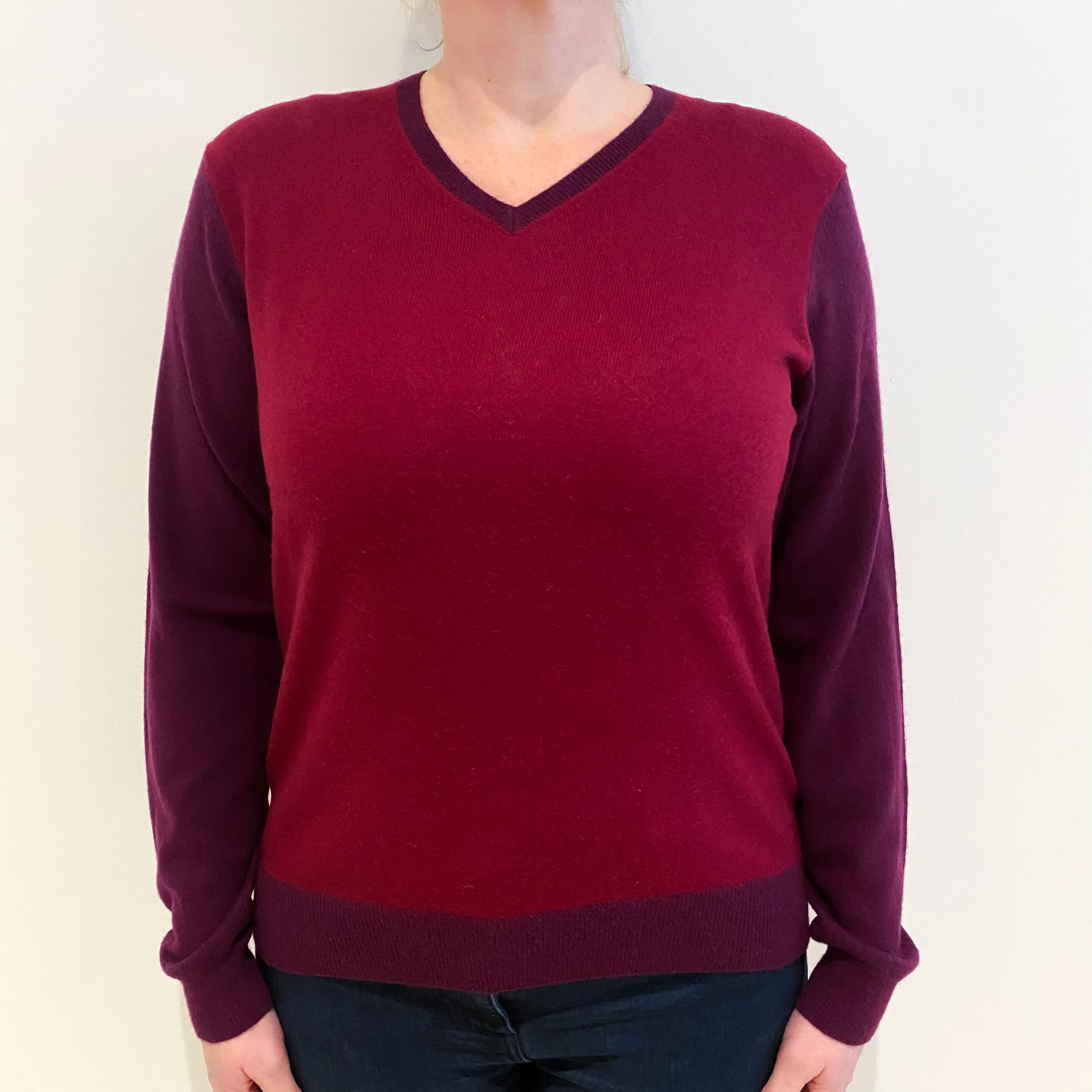 Burgundy and Aubergine Cashmere V Neck Jumper Large