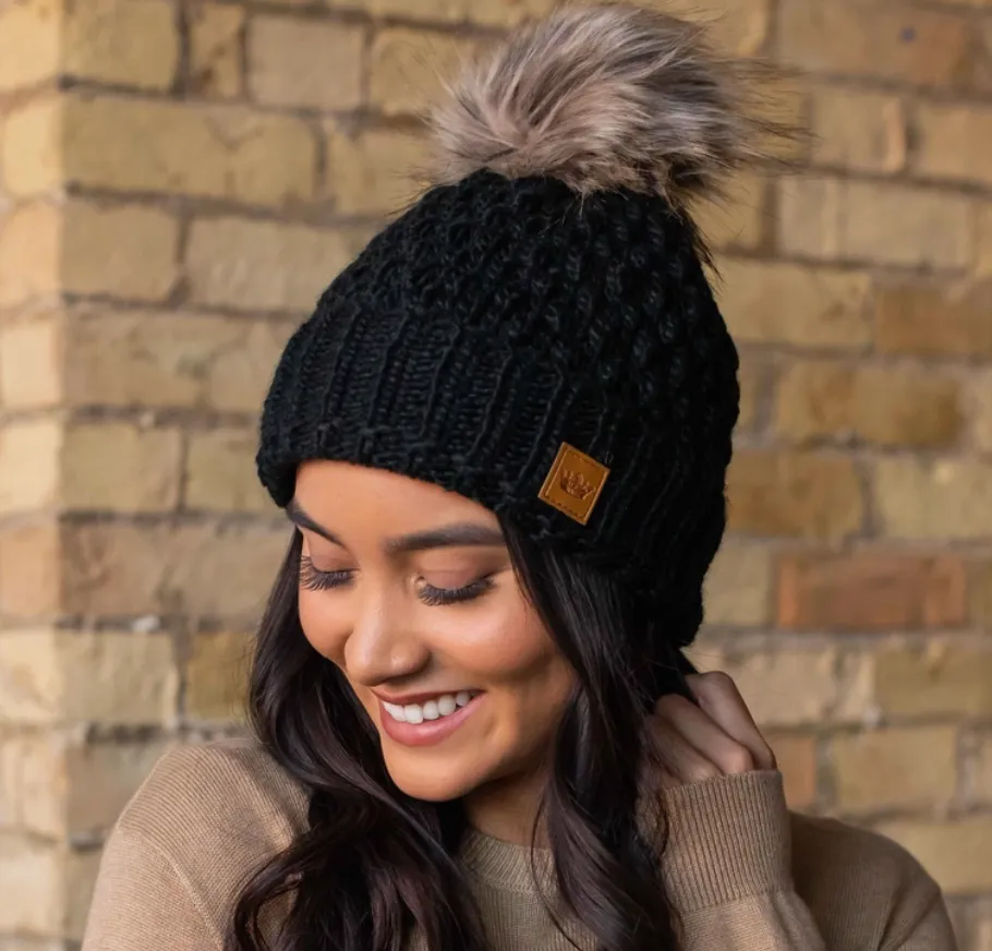 Cable Knit Fleece Lined Fur Pom Hats (Multiple Color Ways)