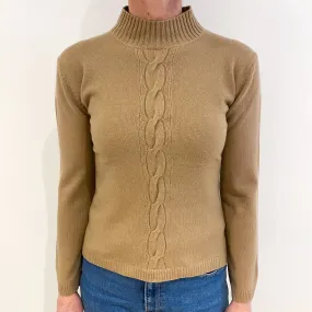 Camel Brown Cable Detail Cashmere Turtle Neck Jumper Small