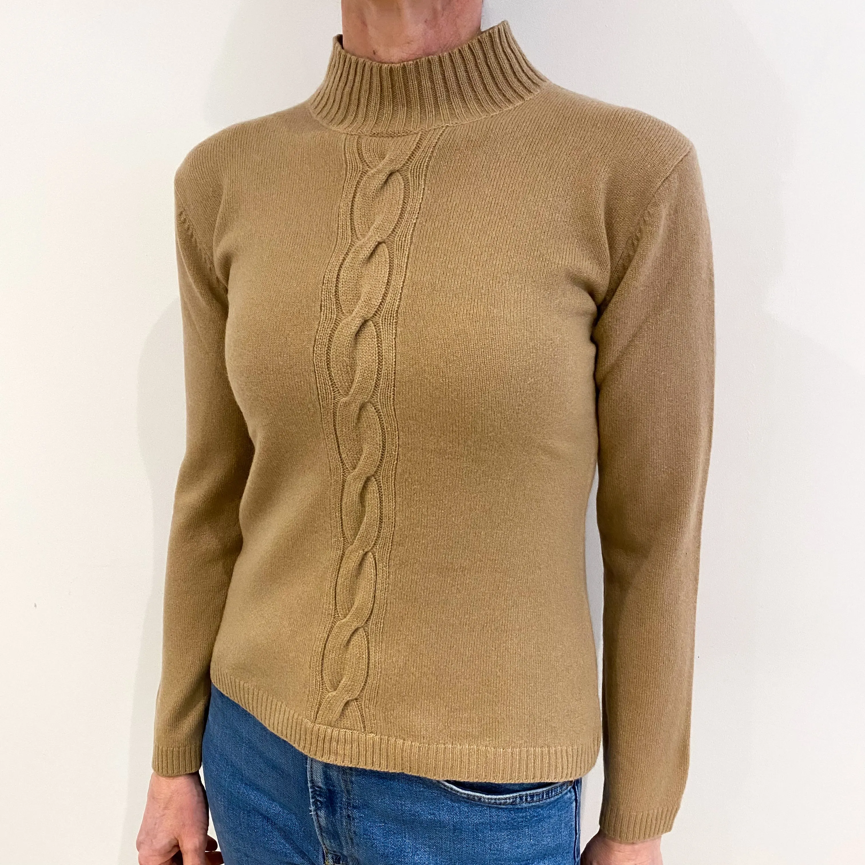 Camel Brown Cable Detail Cashmere Turtle Neck Jumper Small