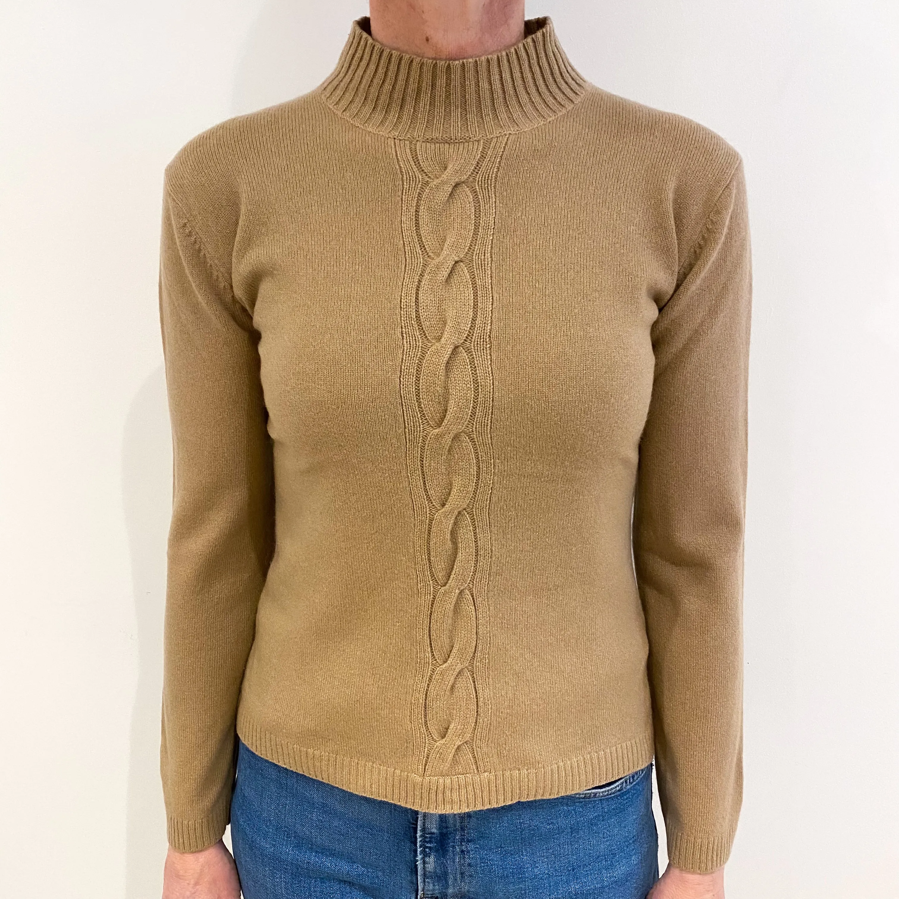 Camel Brown Cable Detail Cashmere Turtle Neck Jumper Small