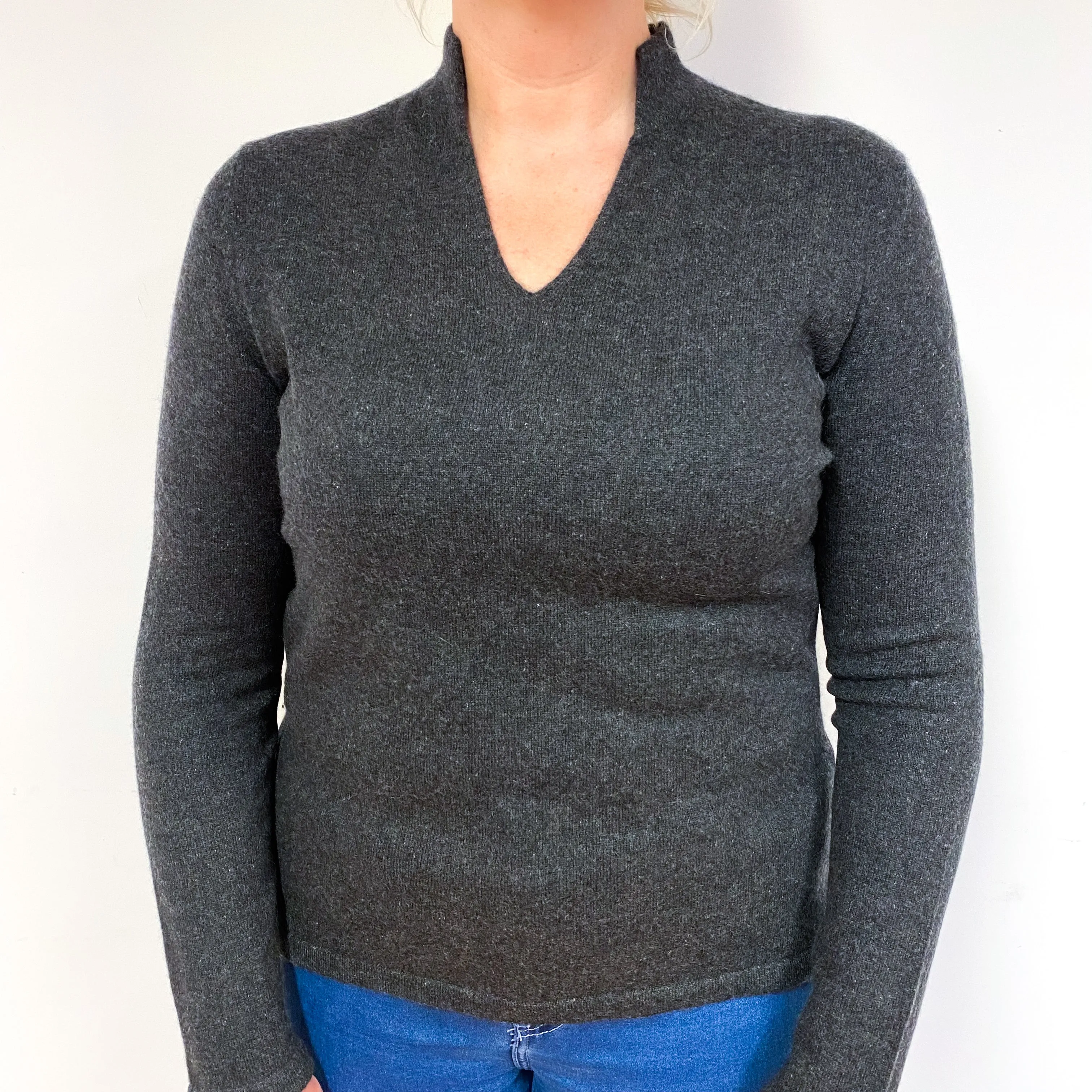 Charcoal Grey Cashmere Collared V-Neck Jumper Large