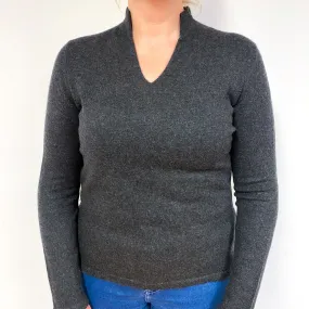 Charcoal Grey Cashmere Collared V-Neck Jumper Large