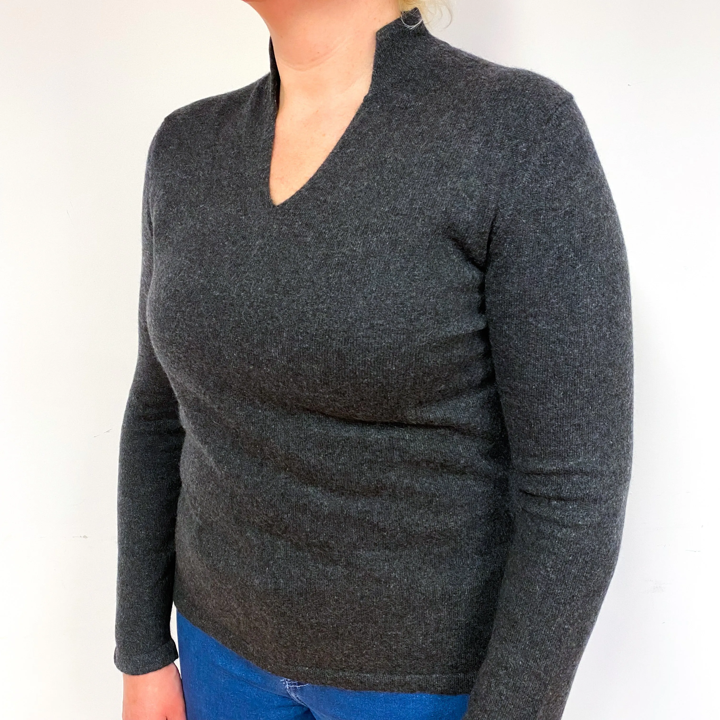 Charcoal Grey Cashmere Collared V-Neck Jumper Large