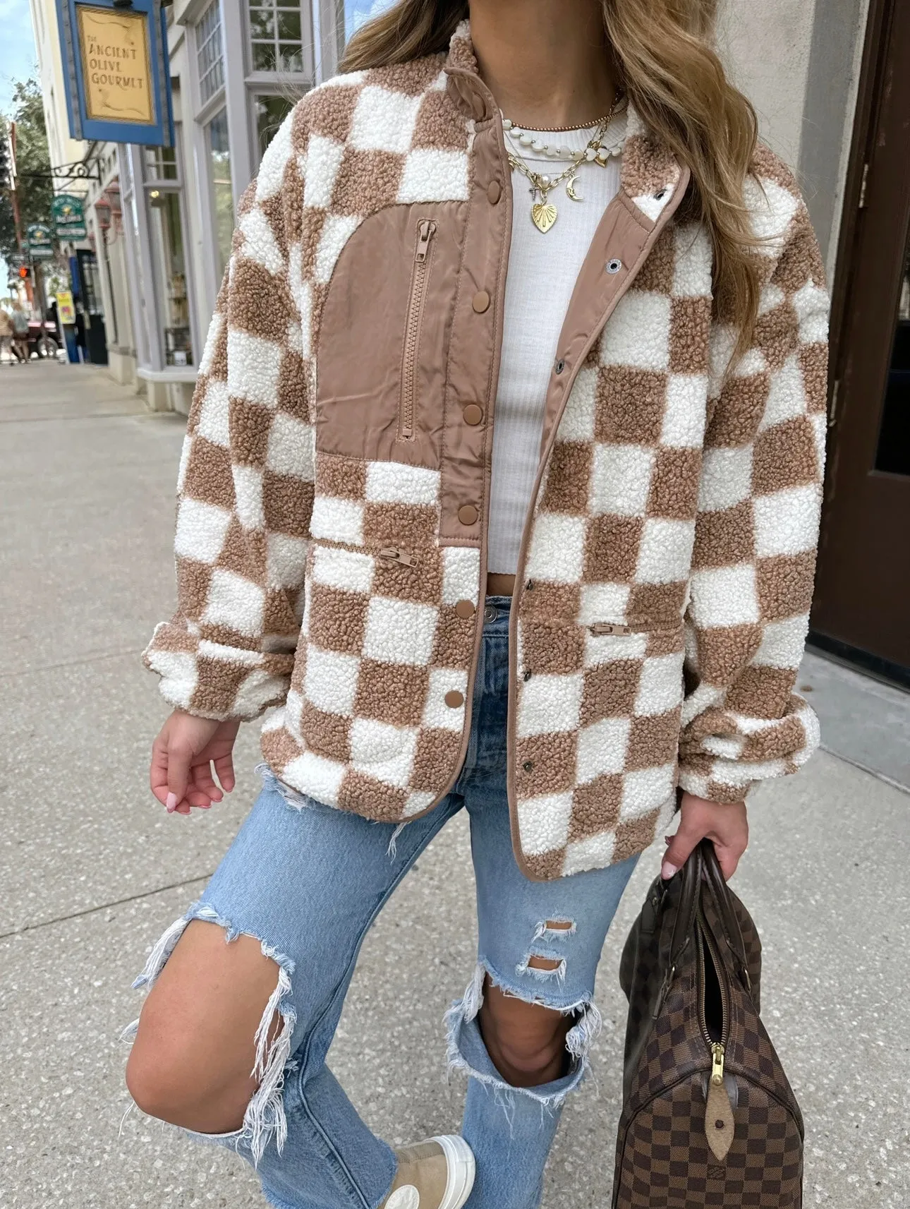 Checked Out Taupe Fleece Jacket