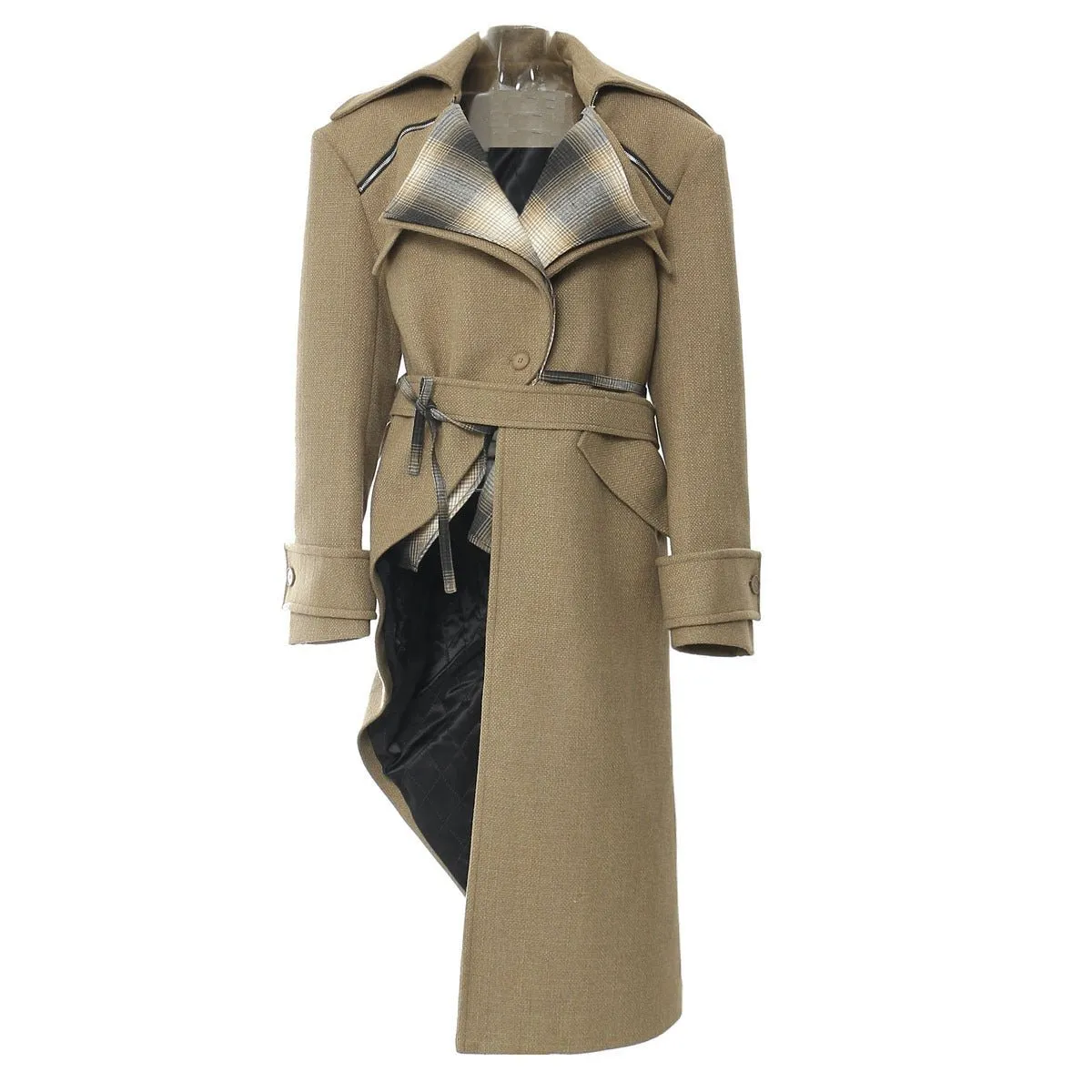 Chic Asymmetric Detachable Wool Trench Coat for Elegant Fall/Winter Looks