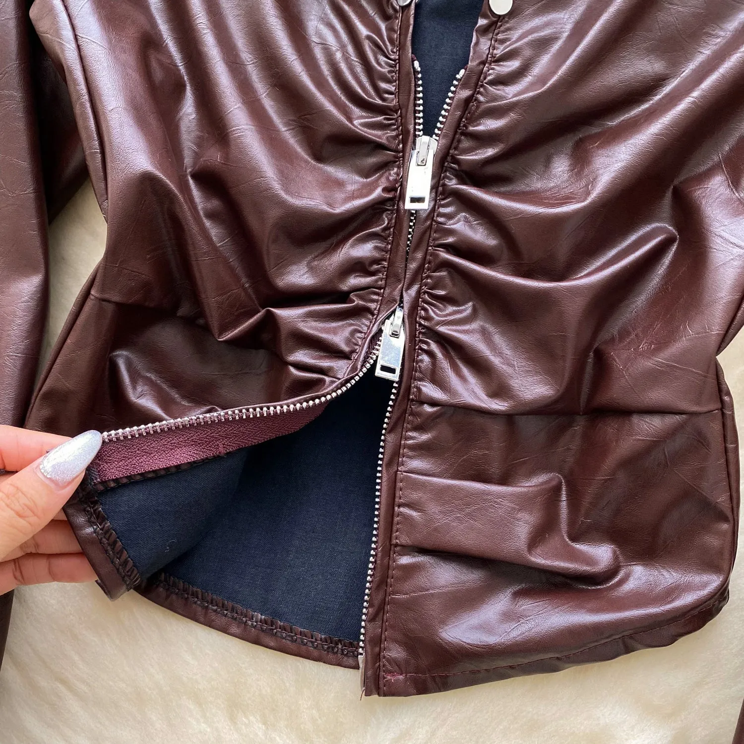 Chic Lapeled Zipped PU Jacket