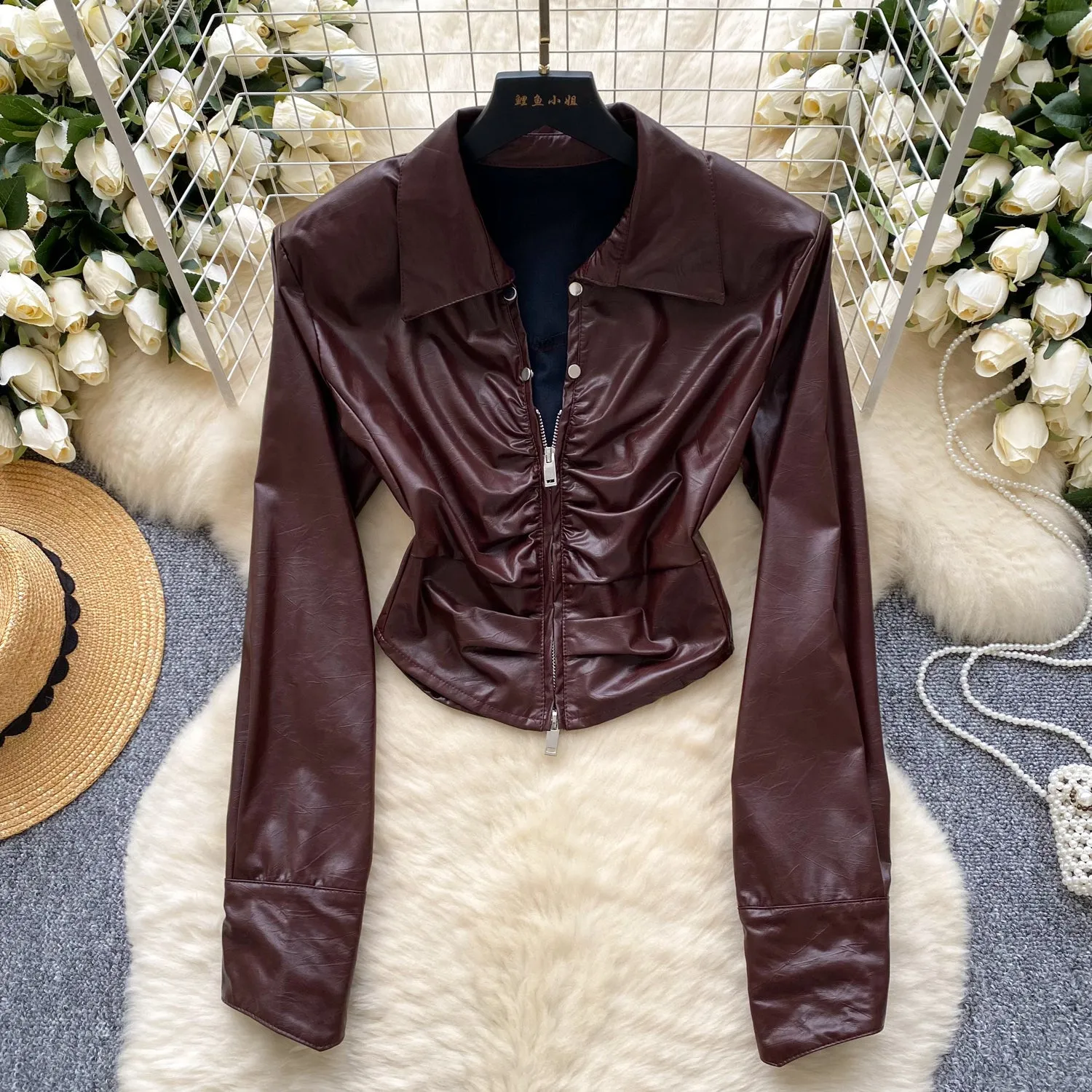 Chic Lapeled Zipped PU Jacket