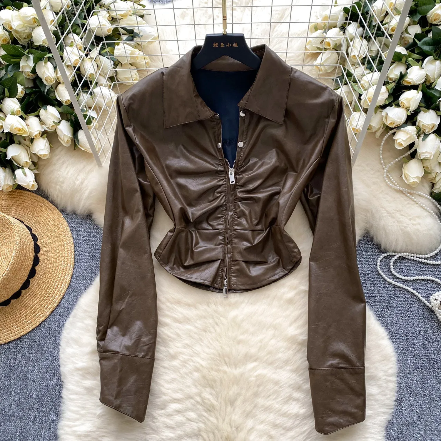 Chic Lapeled Zipped PU Jacket