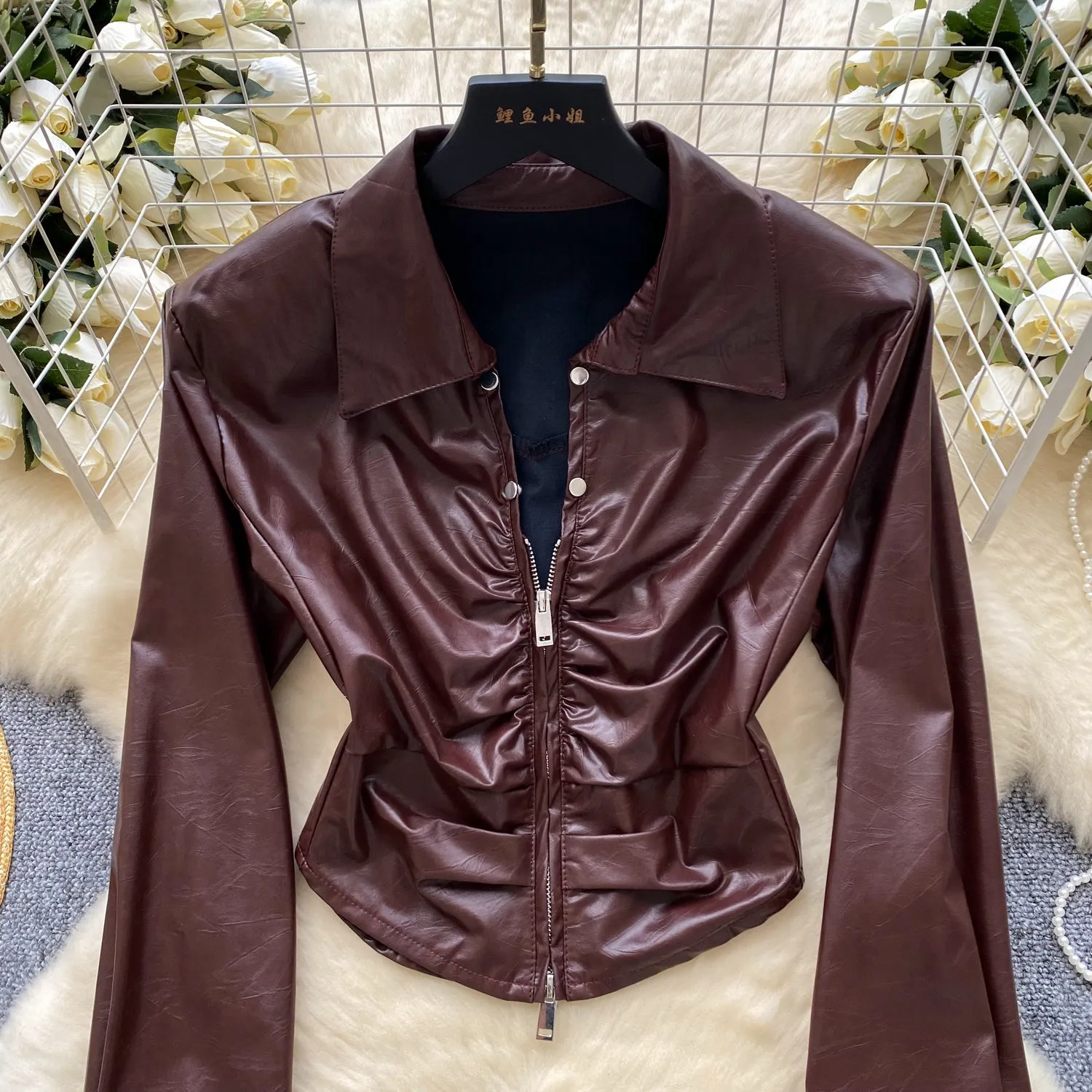 Chic Lapeled Zipped PU Jacket