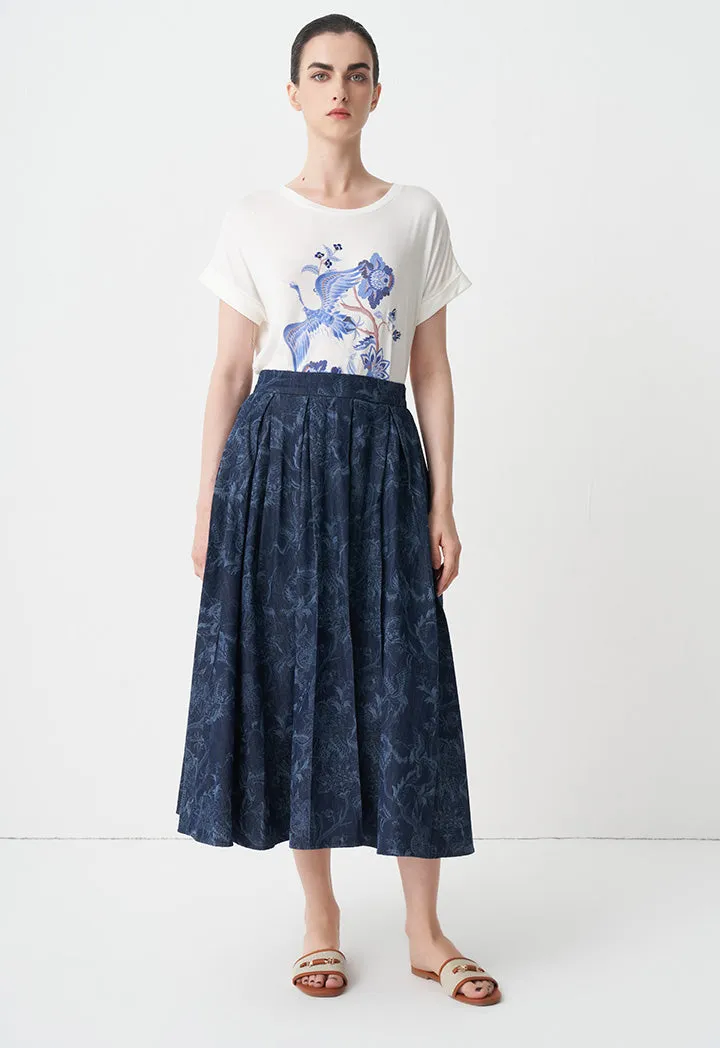 Choice Printed Pleated Midi Skirt Dark Blue