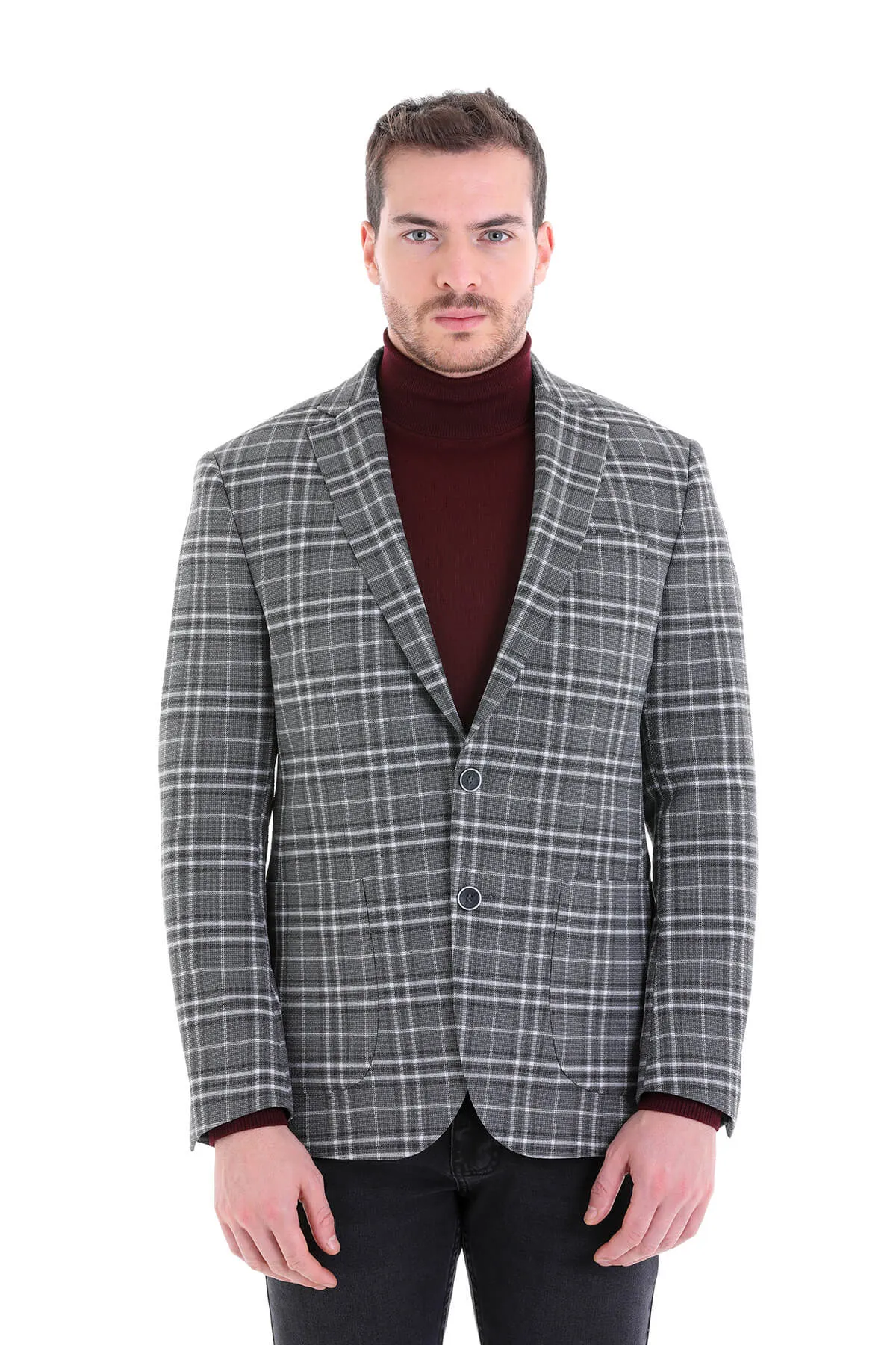 Comfort Fit Notch Lapel Gray Plaid Classic Blazer