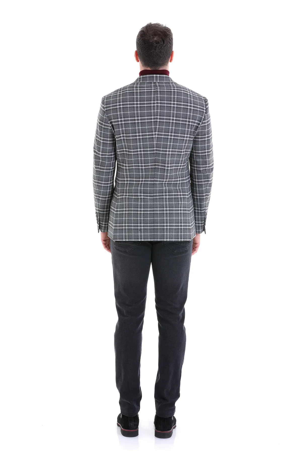 Comfort Fit Notch Lapel Gray Plaid Classic Blazer